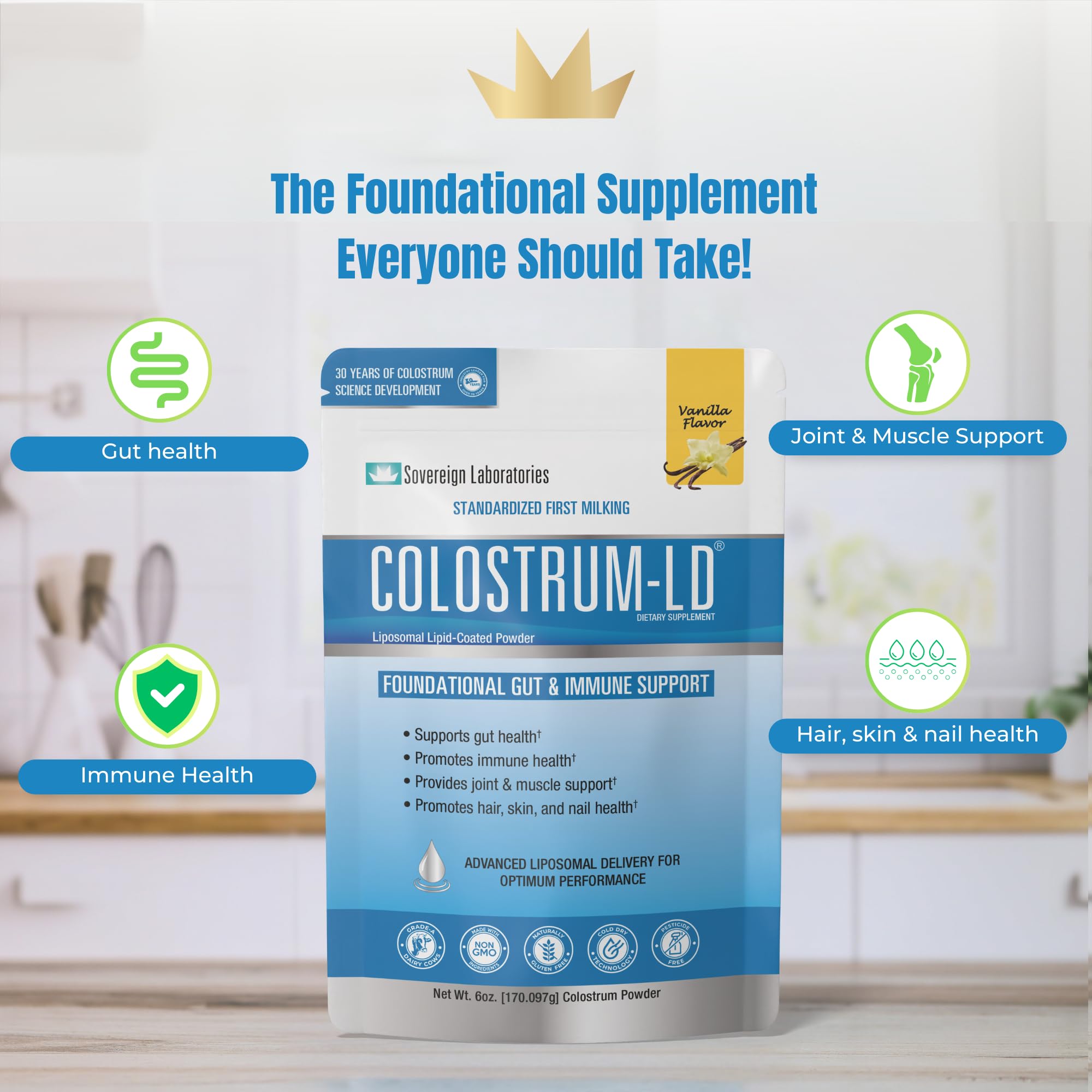 Colostrum-LD polvo disolviéndose en vaso para mezcla rápida