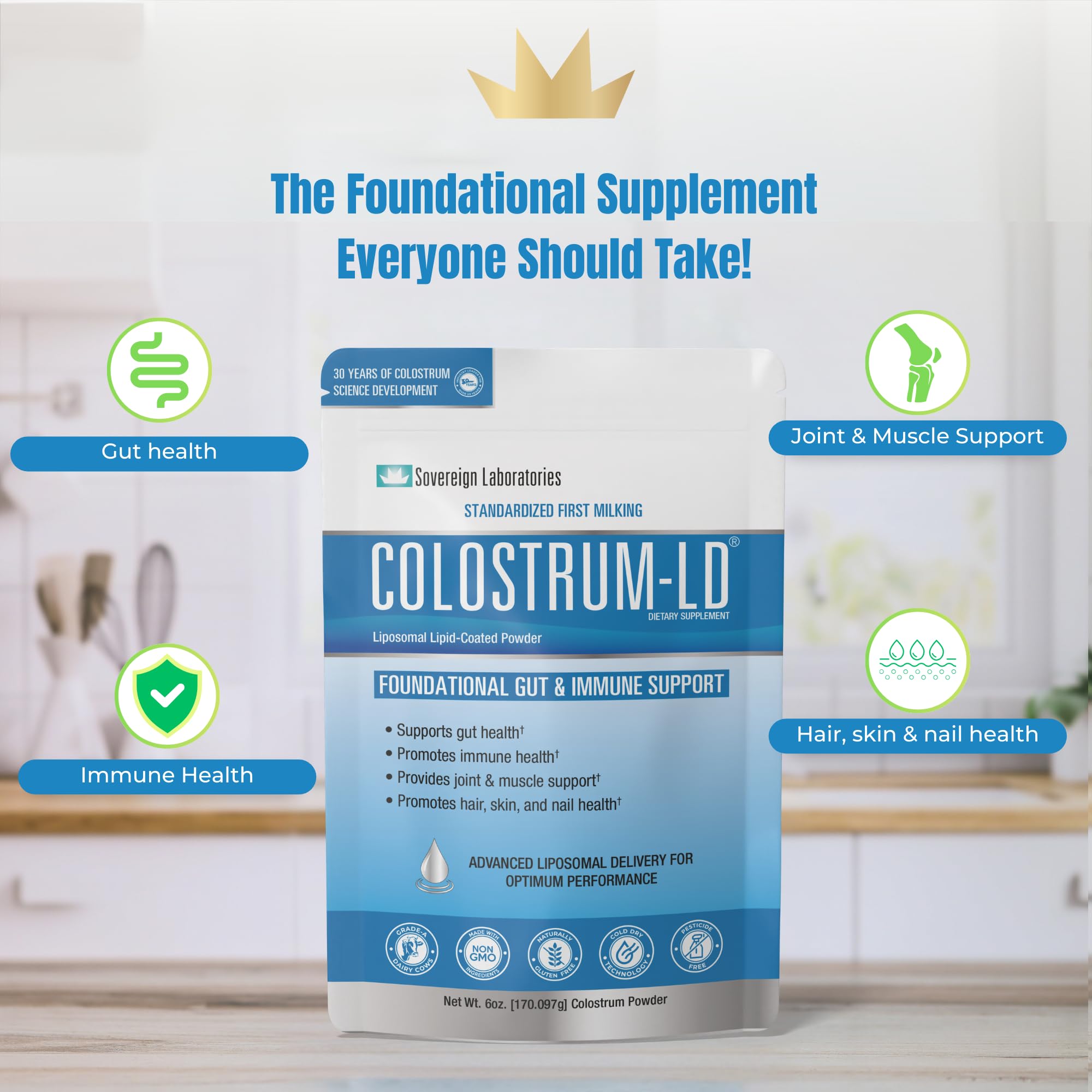Colostrum-LD polvo disuelto en vaso, beneficiando absorción rápida
