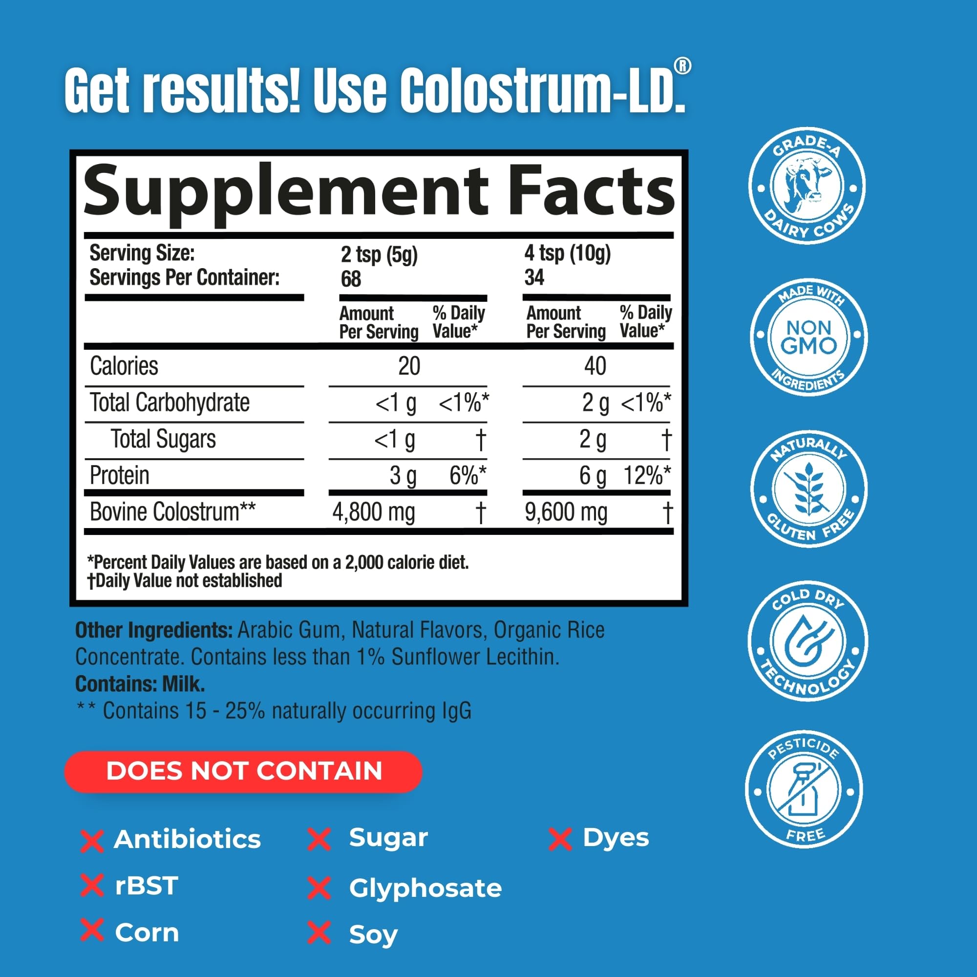 Colostrum-LD comparación de tamaño del envase, 12 oz y aproximadamente 68 porciones
