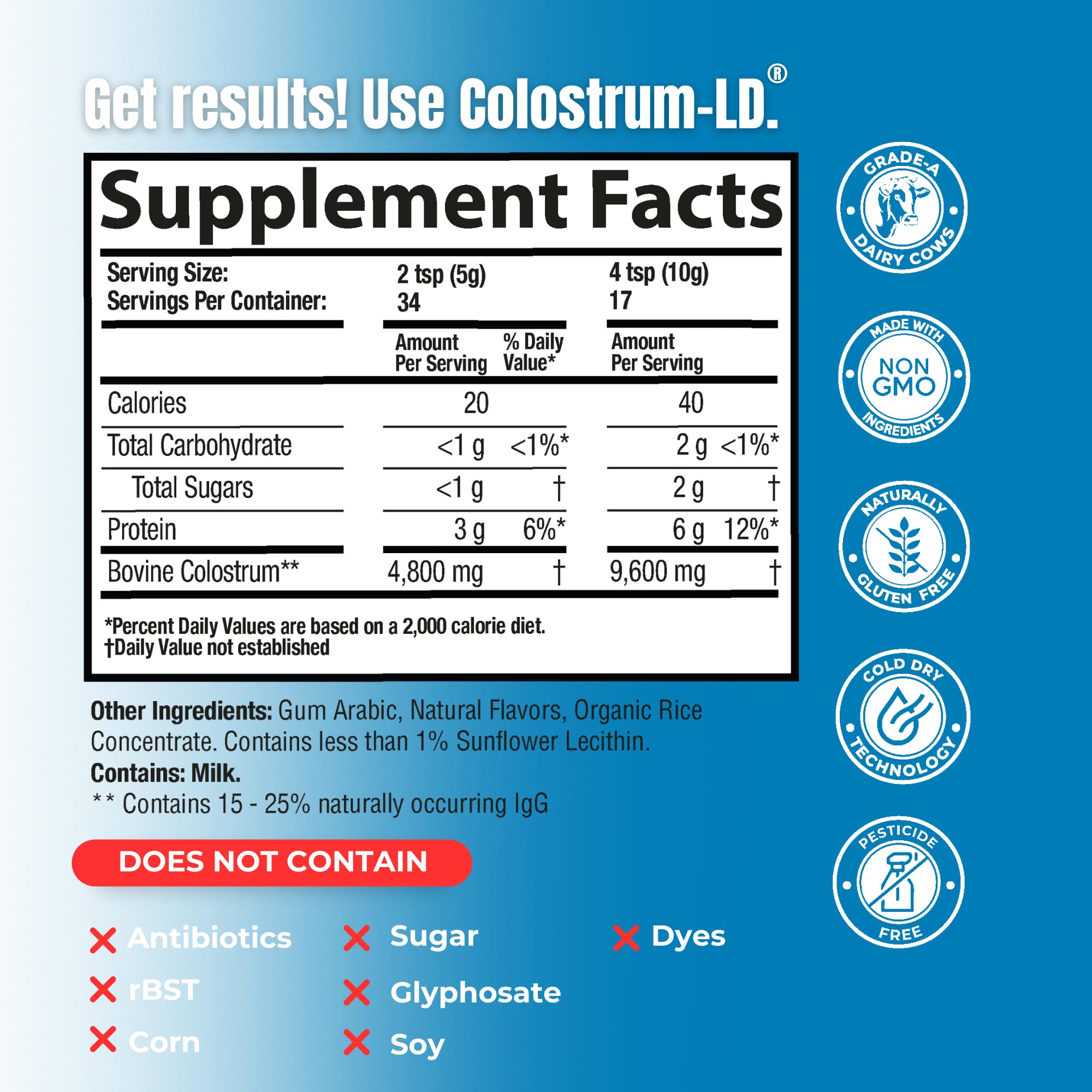 Colostrum-LD textura de polvo instantáneo listoa para disolver