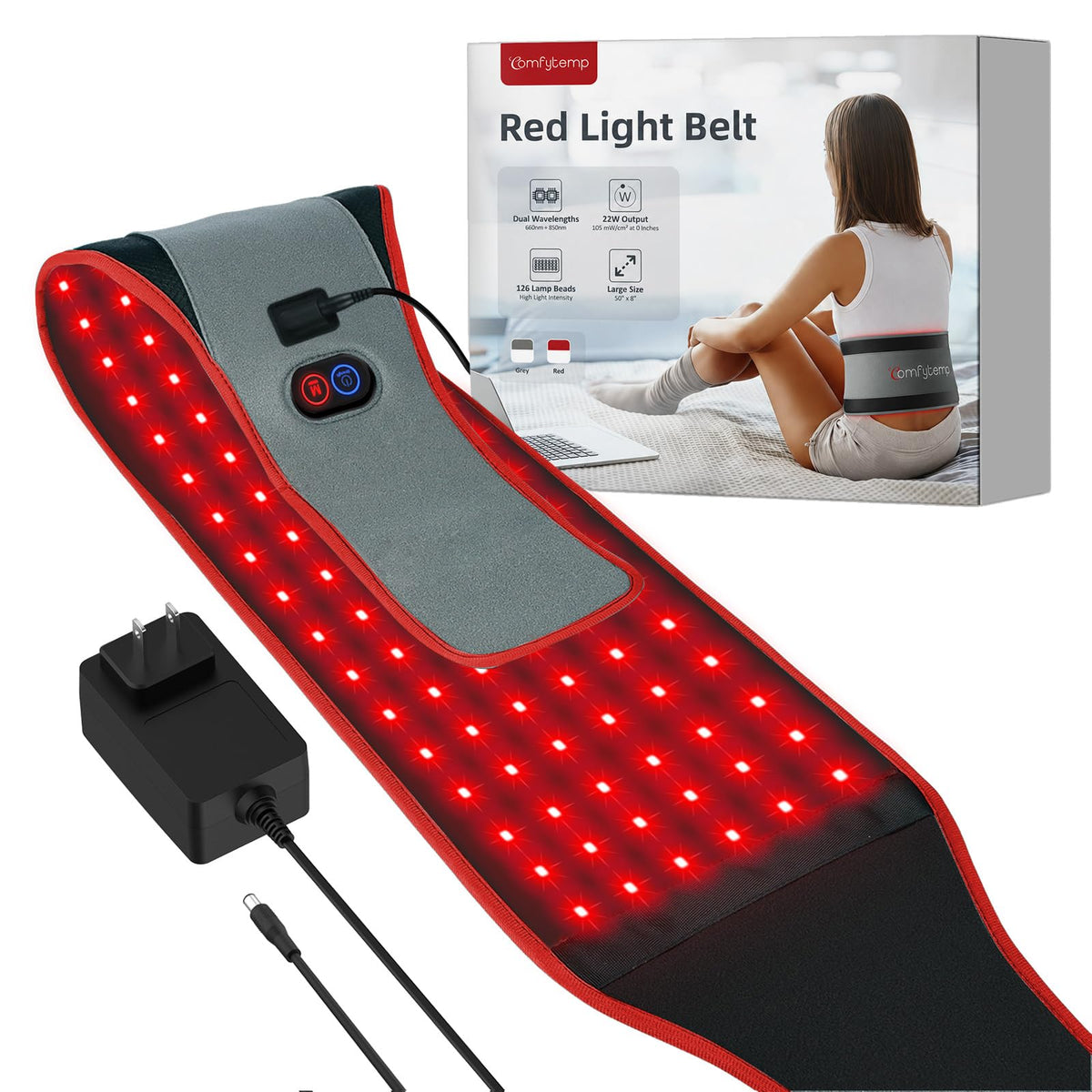 Comfytemp cinturón frontal mostrando 126 LEDs y diseño flexible para uso cómodo