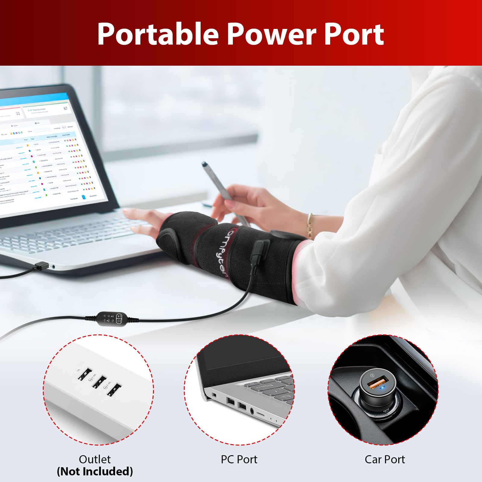 Comfytemp puerto de alimentación y cable mostrando conexión versátil
