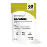 Complement envase frontal claro que muestra que es creatina sin sabor y vegana