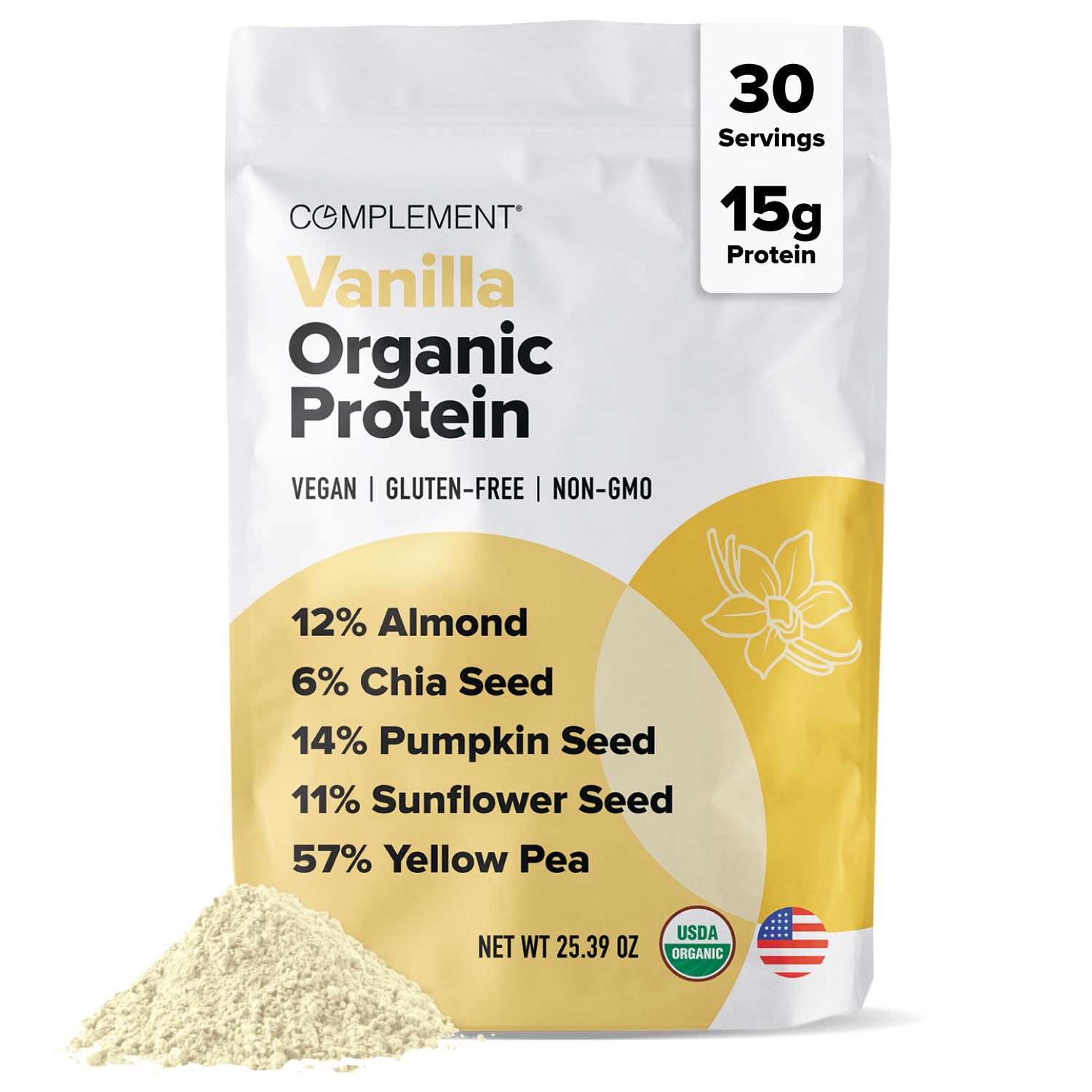 Complement envase frontal mostrando etiqueta orgánica y beneficios claros