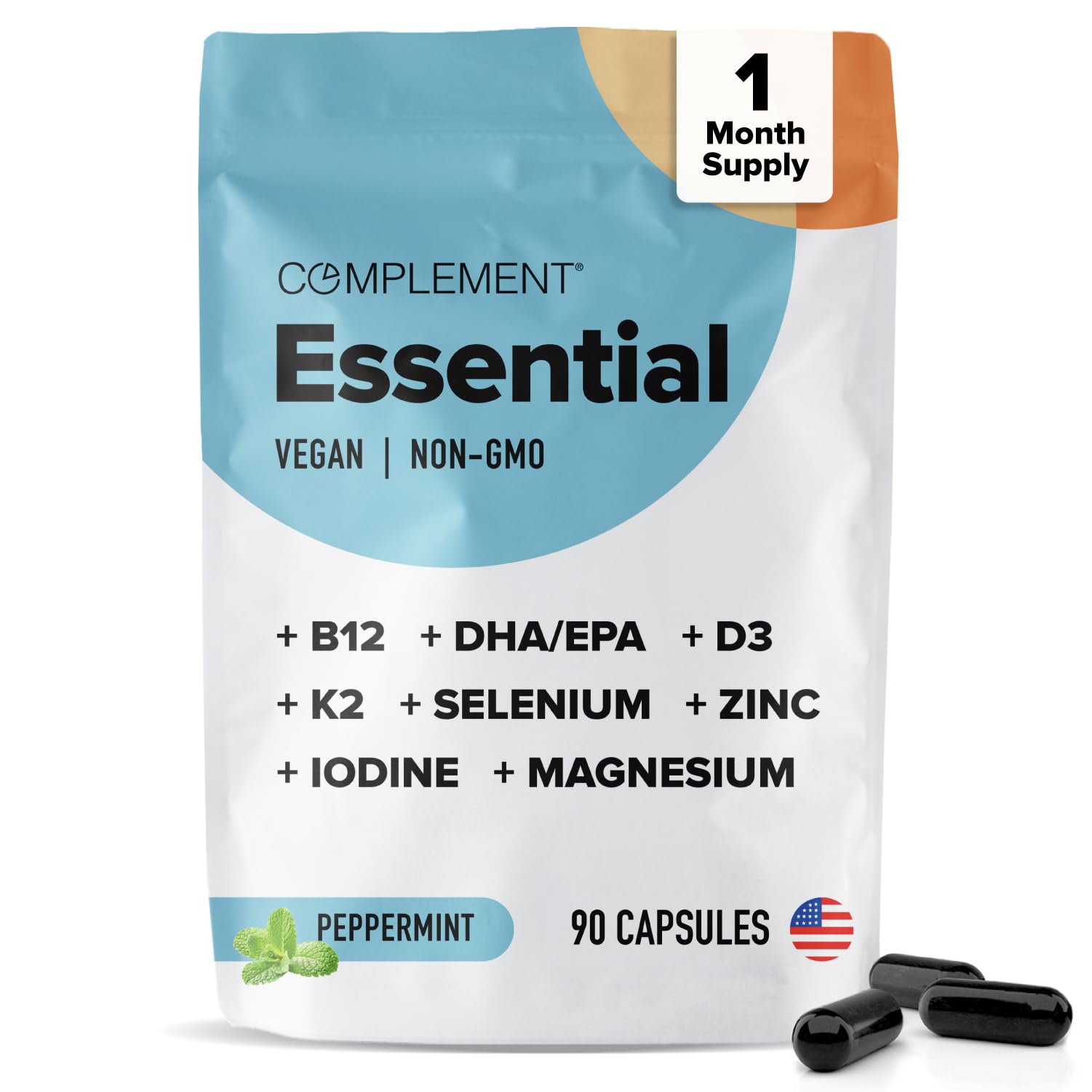 Complement vista frontal del empaque mostrando la fórmula vegana y beneficios