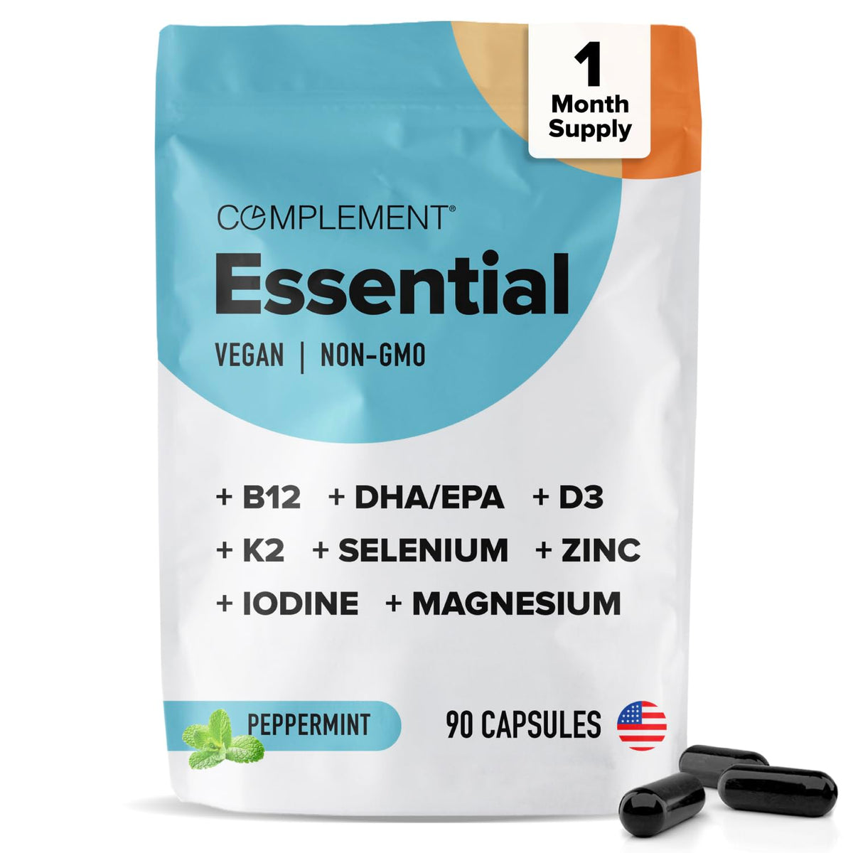 Complement vista frontal del empaque mostrando la fórmula vegana y beneficios