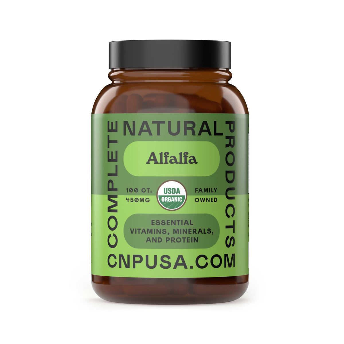 Complete Natural Products envase alfalfa frente mostrando etiqueta y beneficio