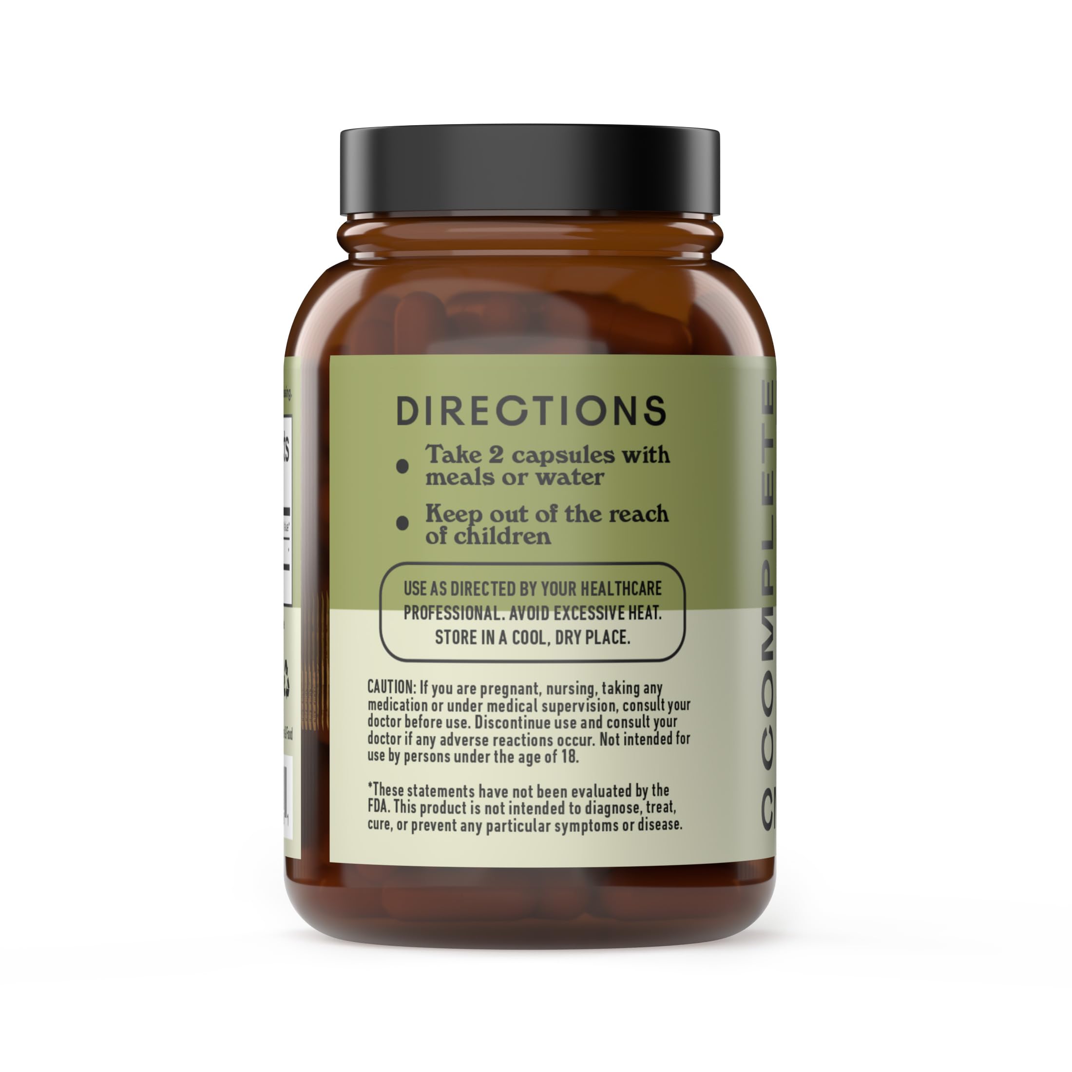 Complete Natural Products cápsulas dispersas ilustrando dosificación y formato vegano