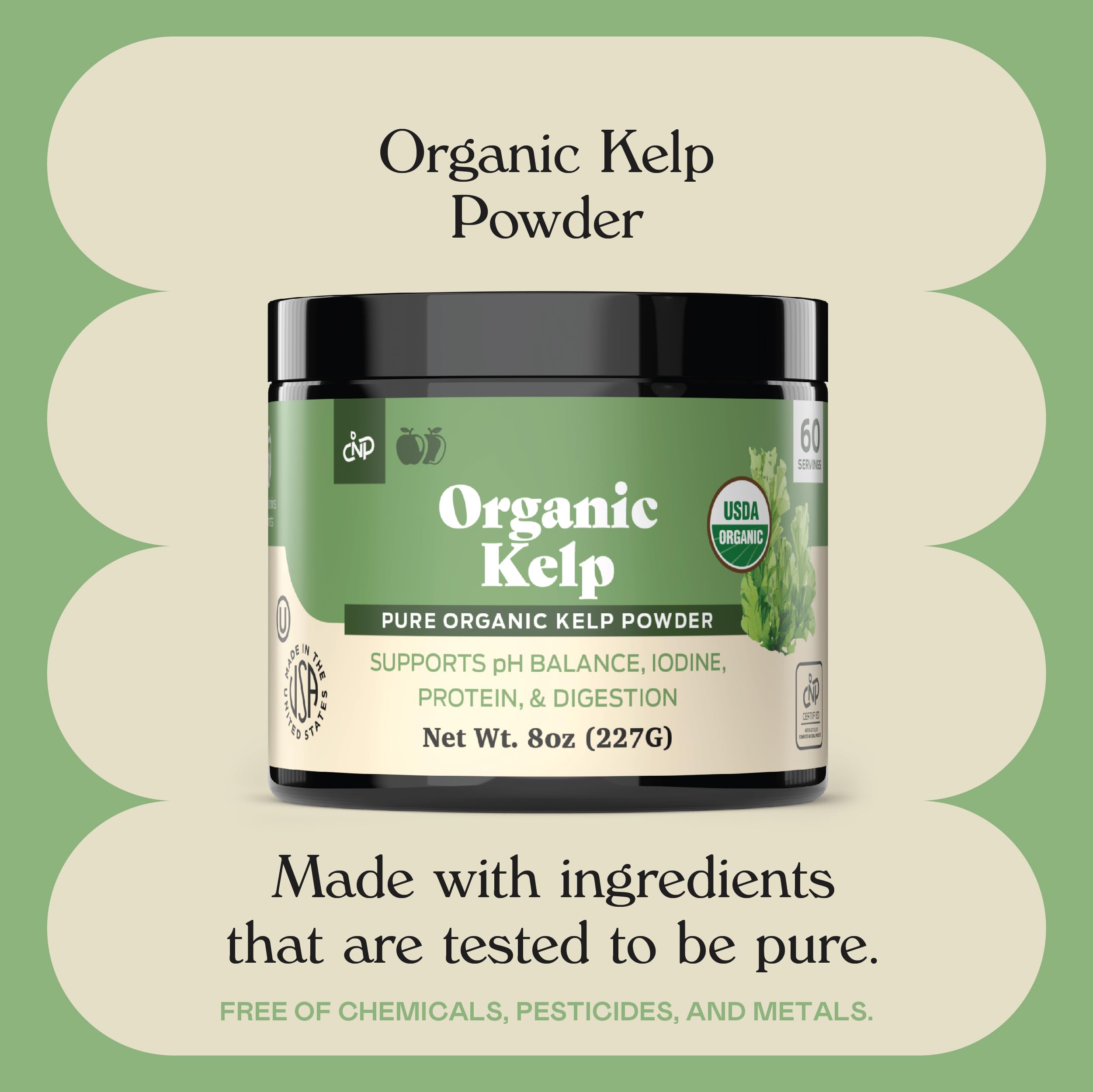 Comparación de tamaño del envase 8oz Complete Natural Products en mano para escala