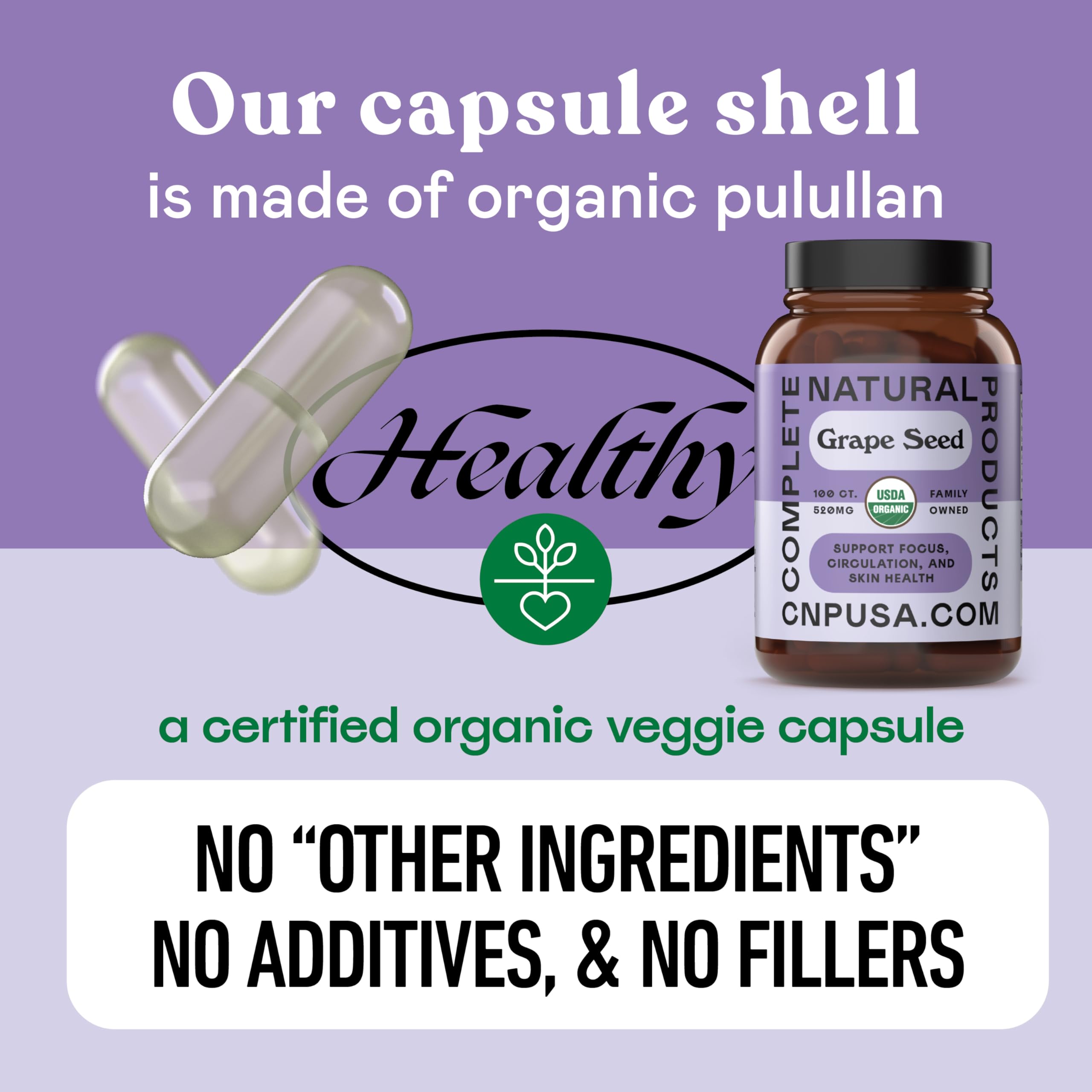 Complete Natural Products frasco junto a monedas para comparar cantidad y tamaño