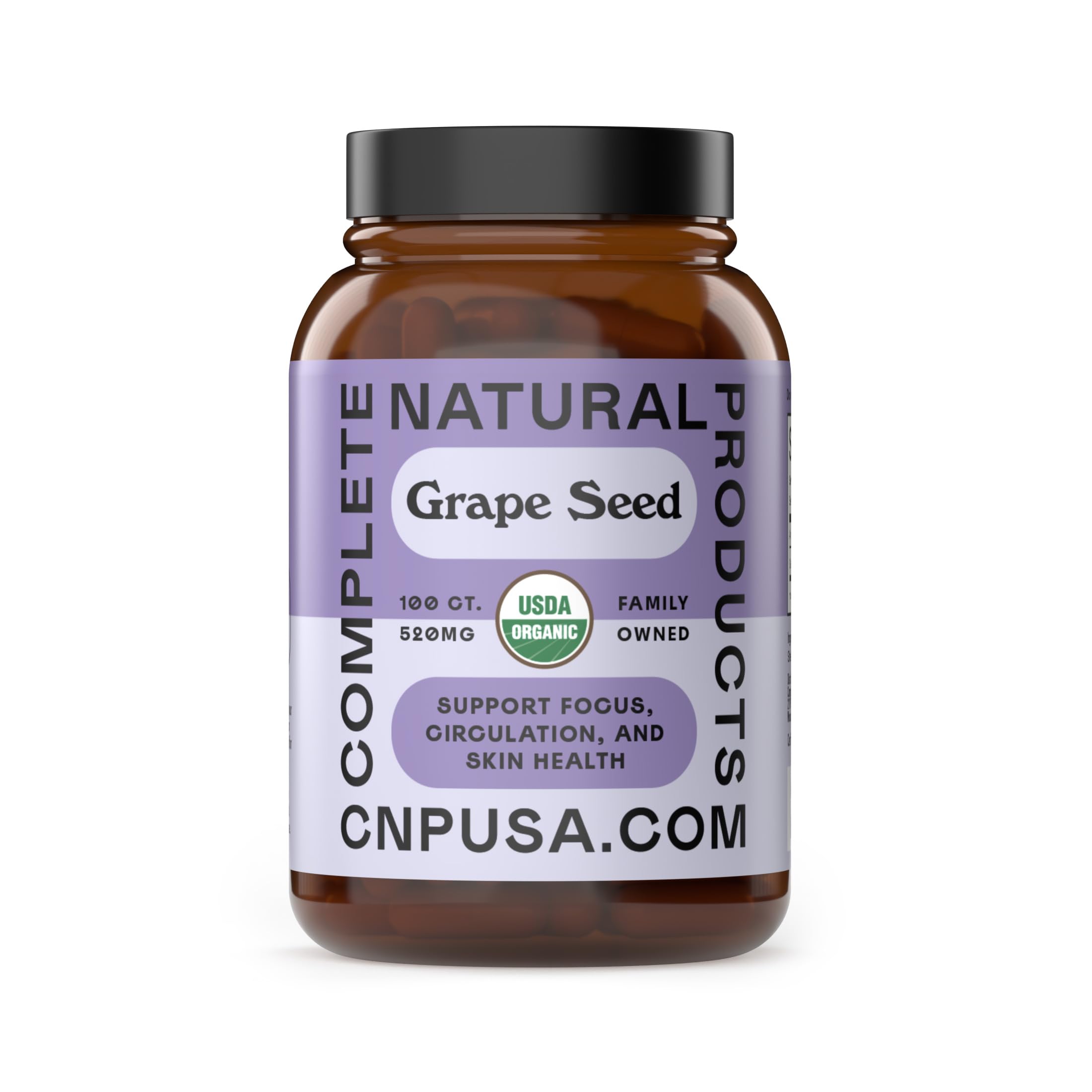 Complete Natural Products frasco delantero mostrando etiqueta orgánica y beneficios