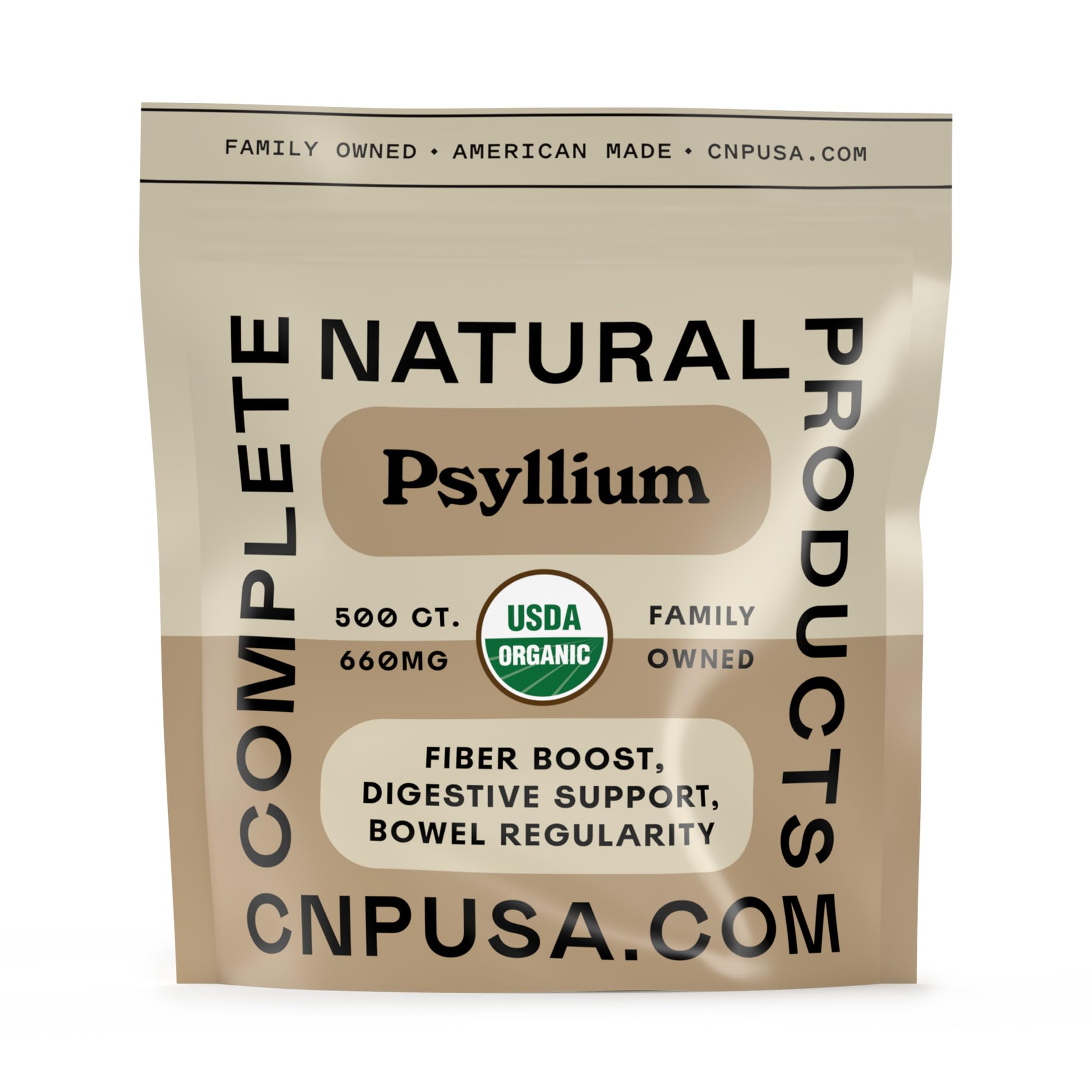 Complete Natural Products frente del envase con 500 cápsulas, claridad de marca y cantidad