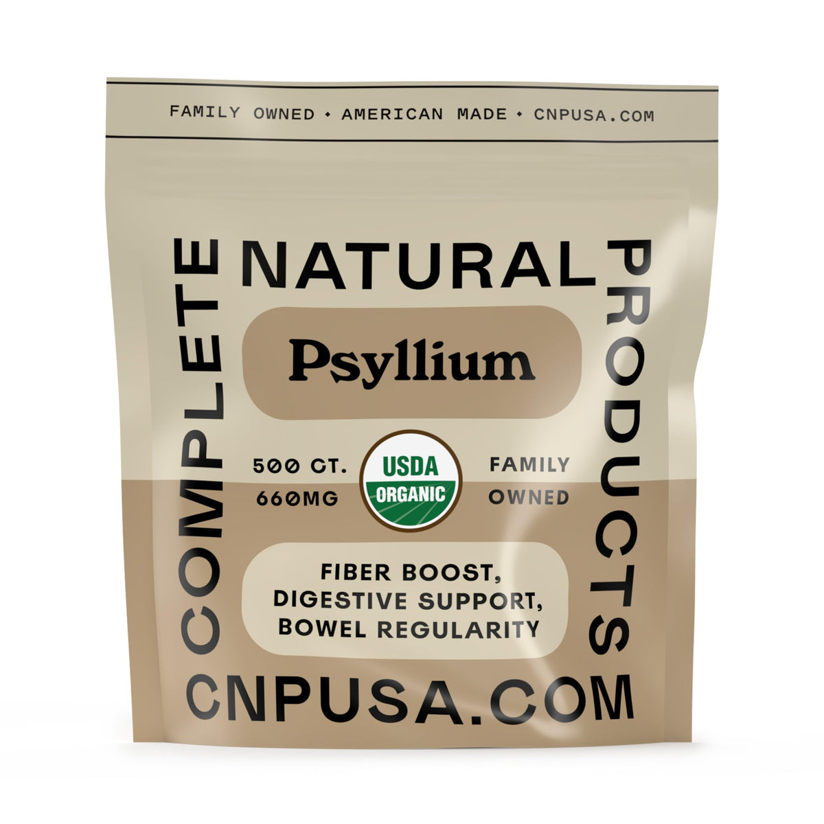 Complete Natural Products frente del envase con 500 cápsulas, claridad de marca y cantidad