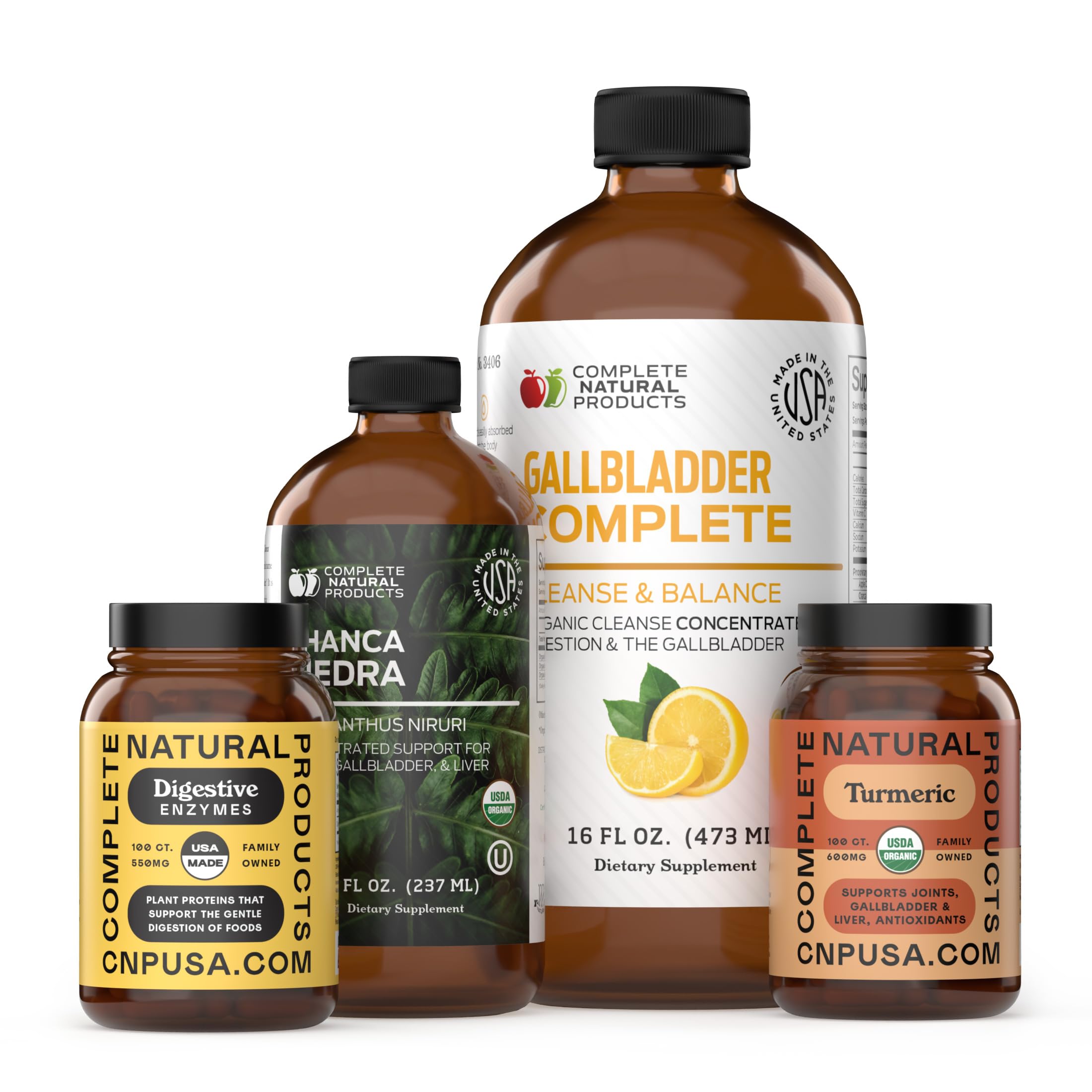 Complete Natural Products kit frontal mostrando botellas y beneficios orgánicos