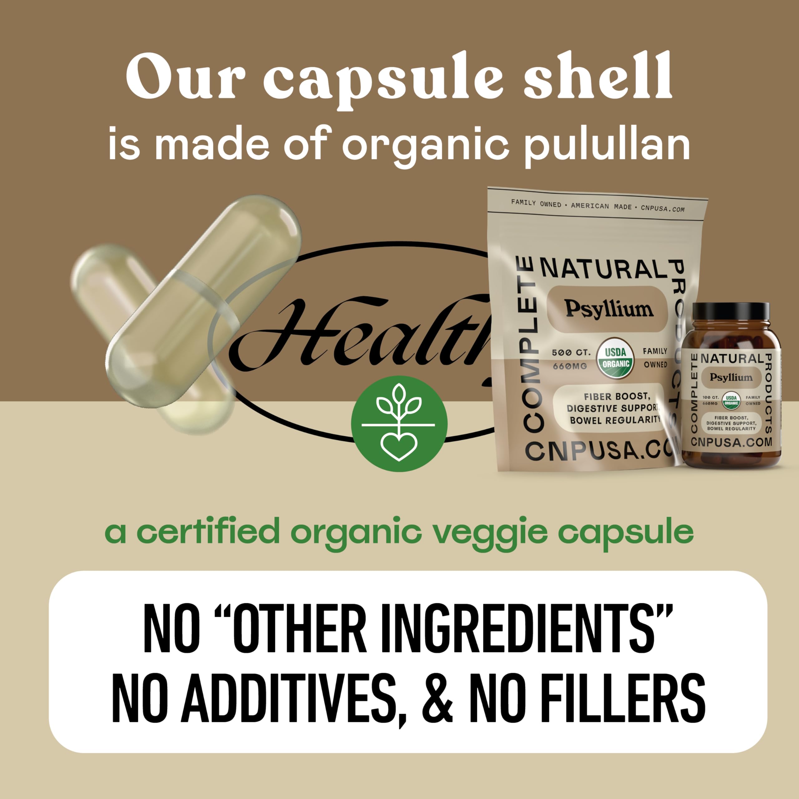 Muestra del polvo de psyllium orgánico usado en las cápsulas, Complete Natural Products pureza