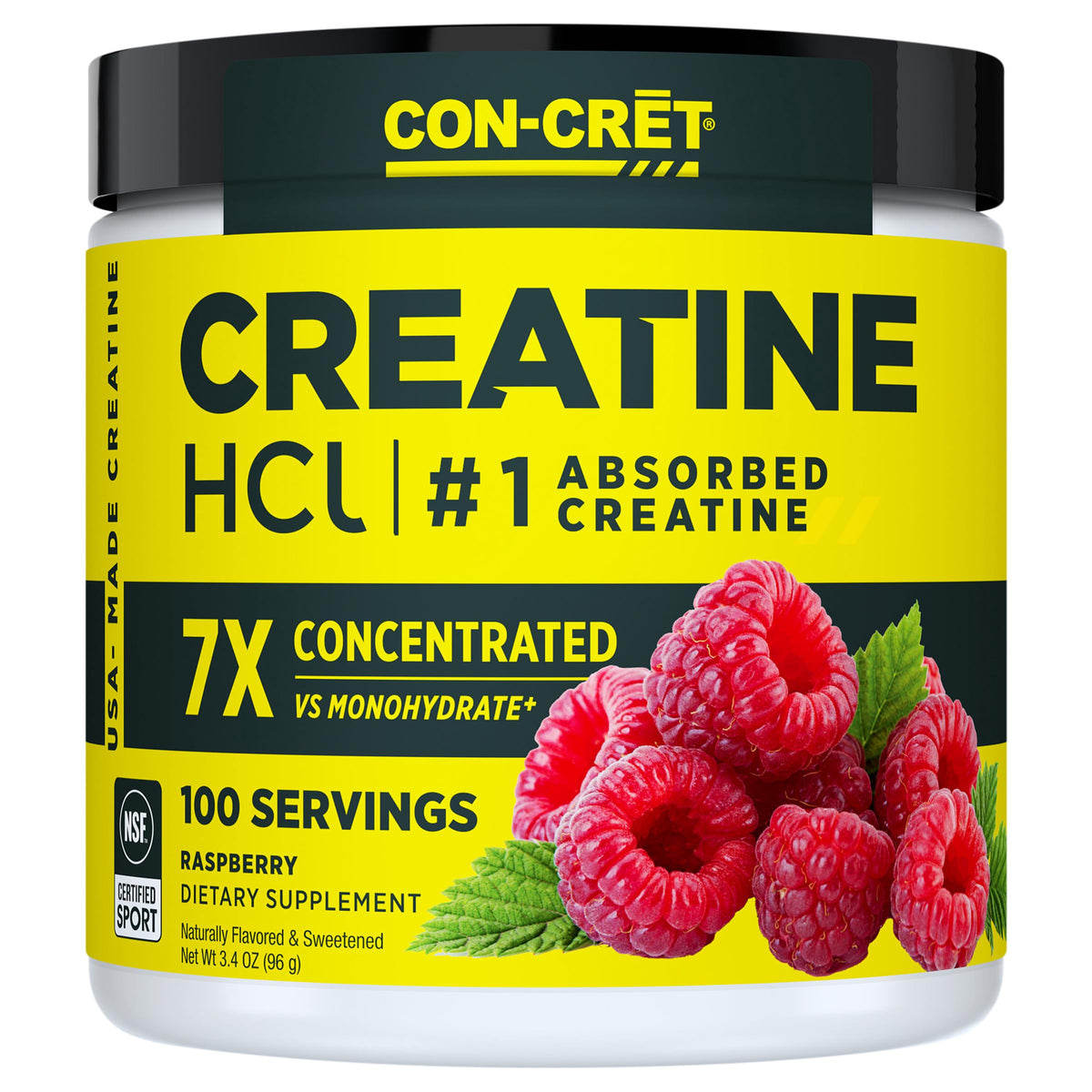 CON-CRET envase frontal frambuesa mostrando tamaño y sabor beneficioso