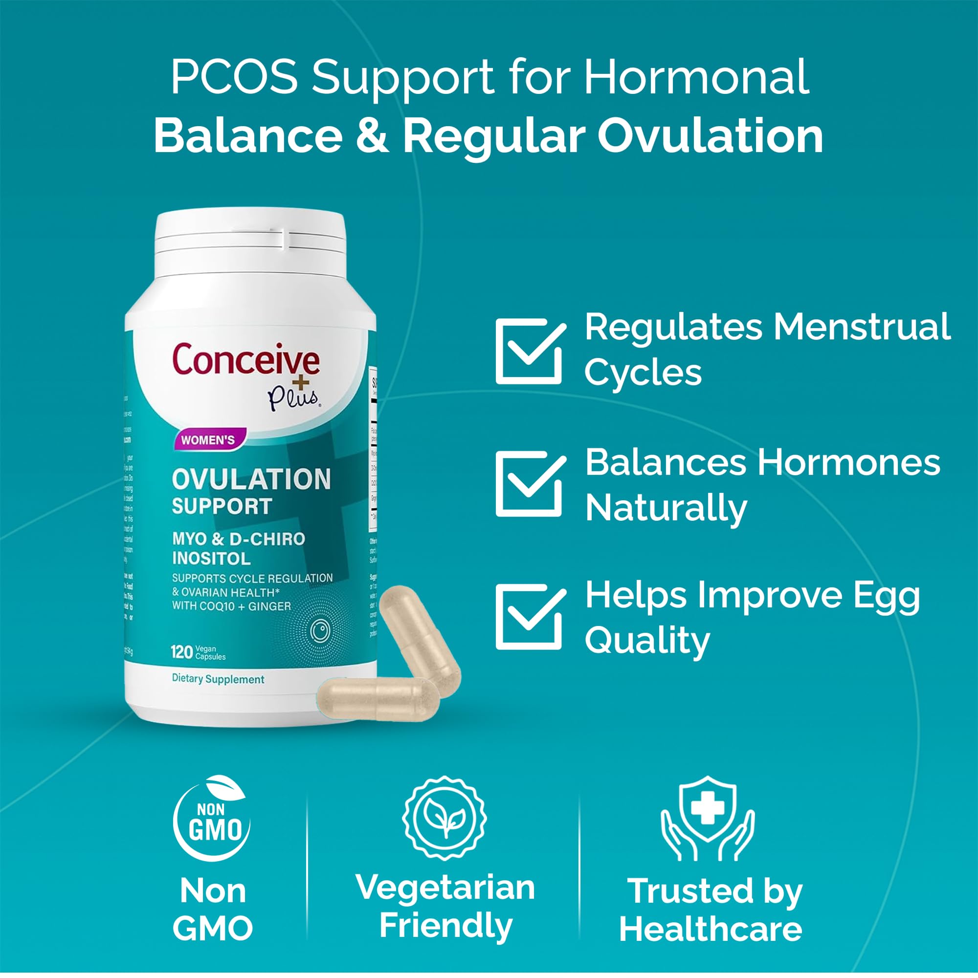 CONCEIVE PLUS cápsulas en primer plano destacando ingredientes balanceados