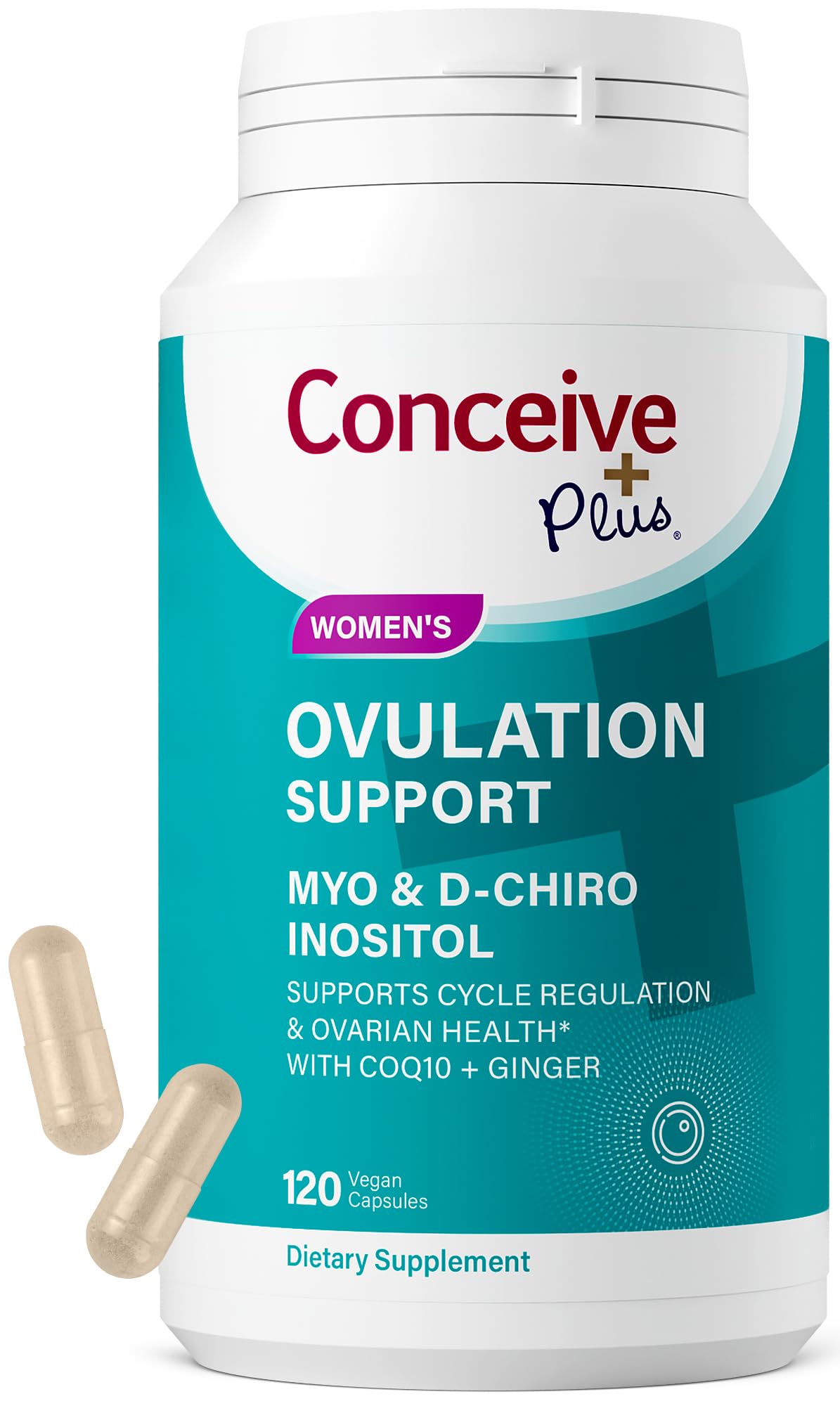 CONCEIVE PLUS botella frontal que muestra envase y beneficio de apoyo ovulatorio