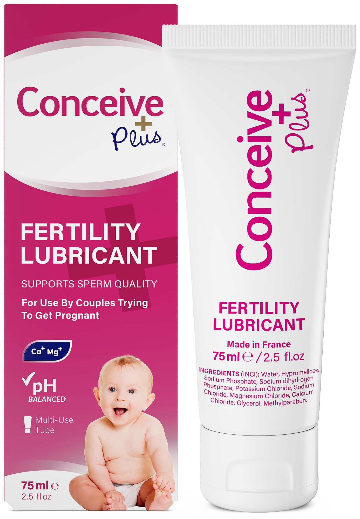 Conceive Plus vista frontal del tubo mostrando diseño y tamaño práctico