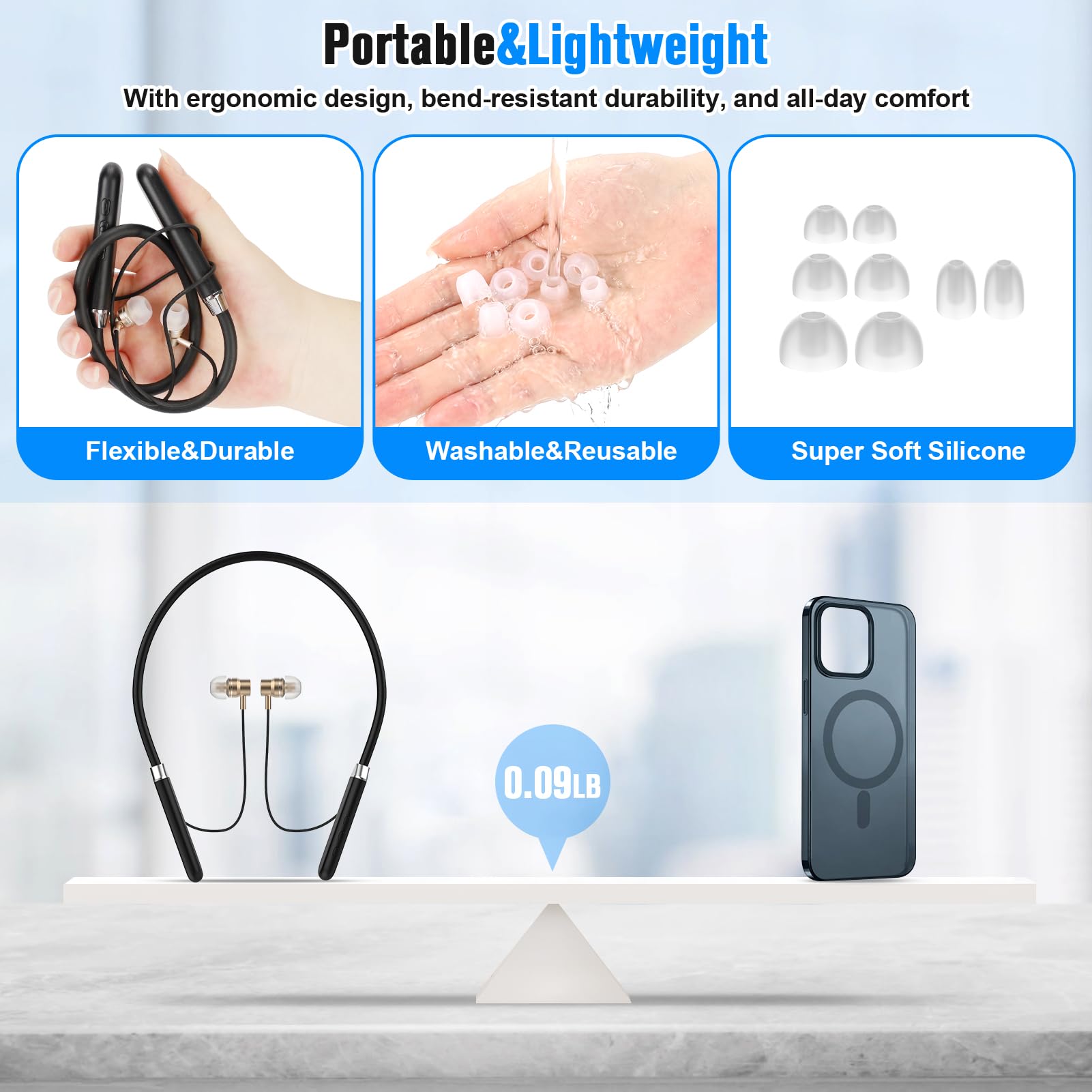 CONNOVA comparación de tamaño con una mano indicando portabilidad ultraligera