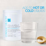 Primer plano del polvo COLLA-Holla consult health para apreciar textura y fácil disolución