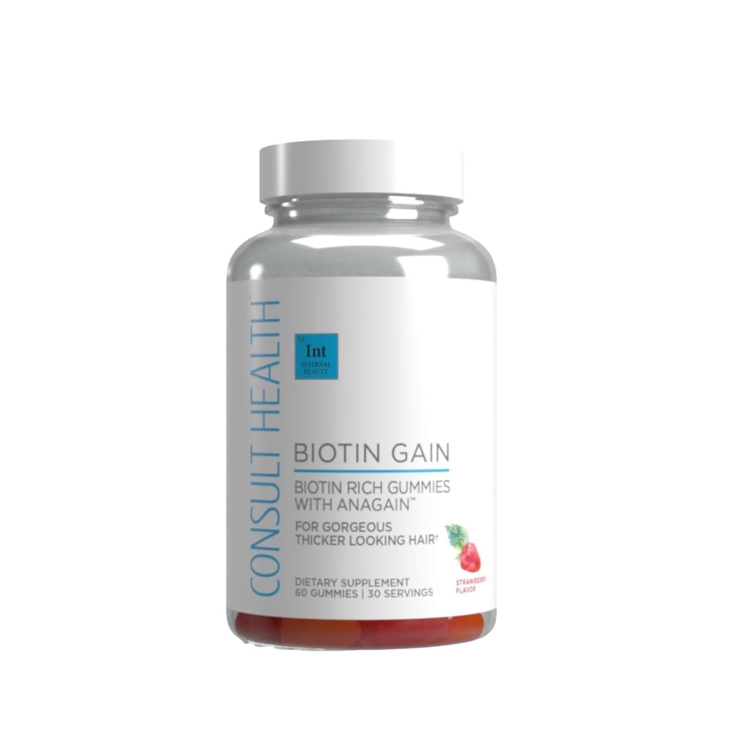 Consult Health frasco frontal de Biotin GAIN gomitas que muestra presentación y beneficio estético