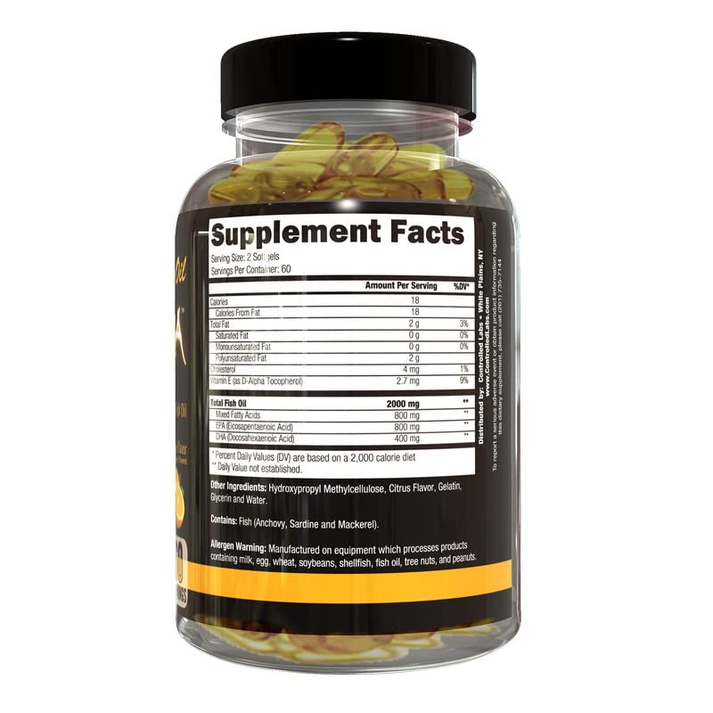 CONTROLLED LABS etiqueta nutricional en primer plano con EPA y DHA claros