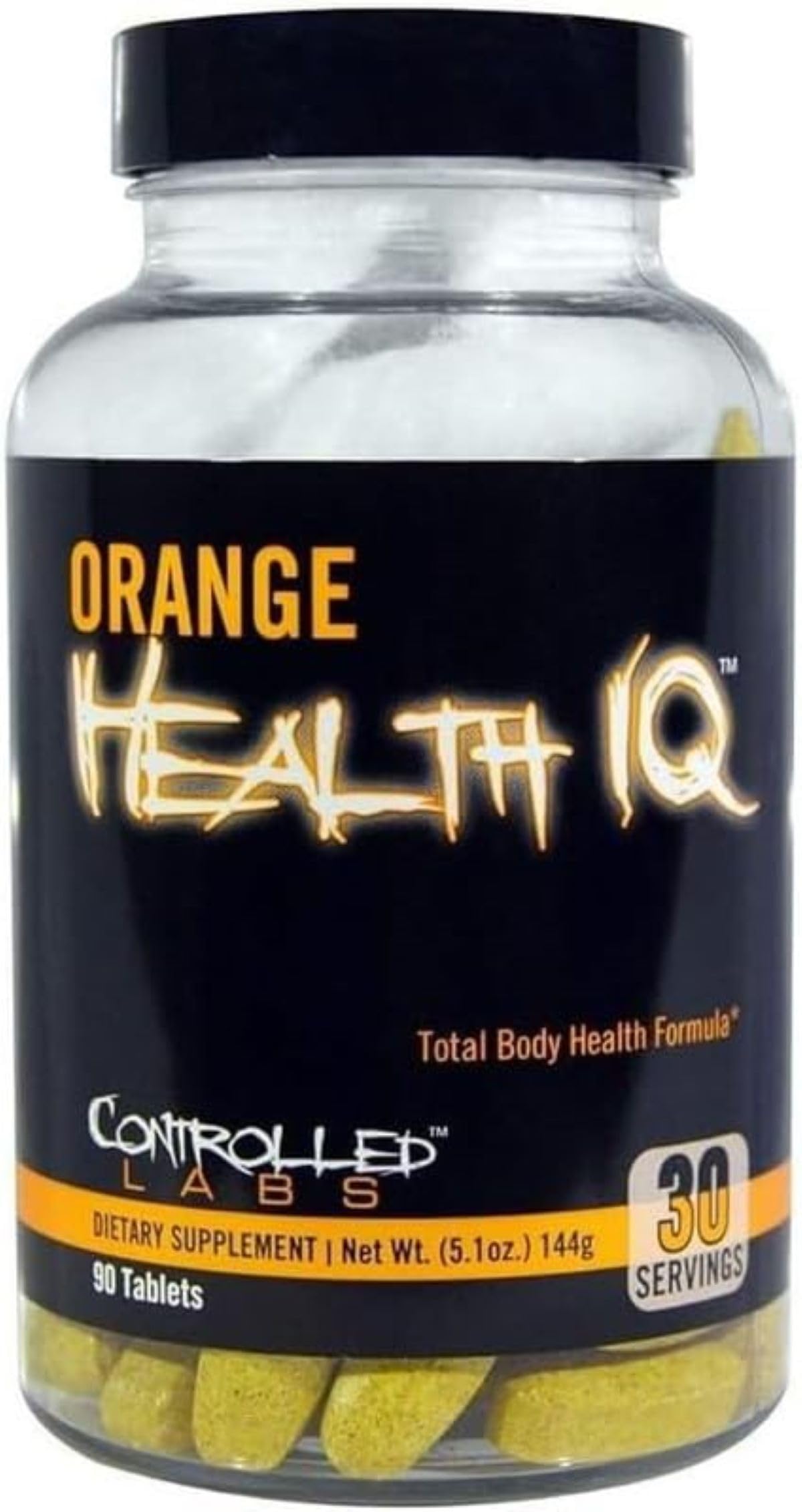 CONTROLLED LABS Orange Health IQ frente del empaque mostrando 90 tabletas y beneficios