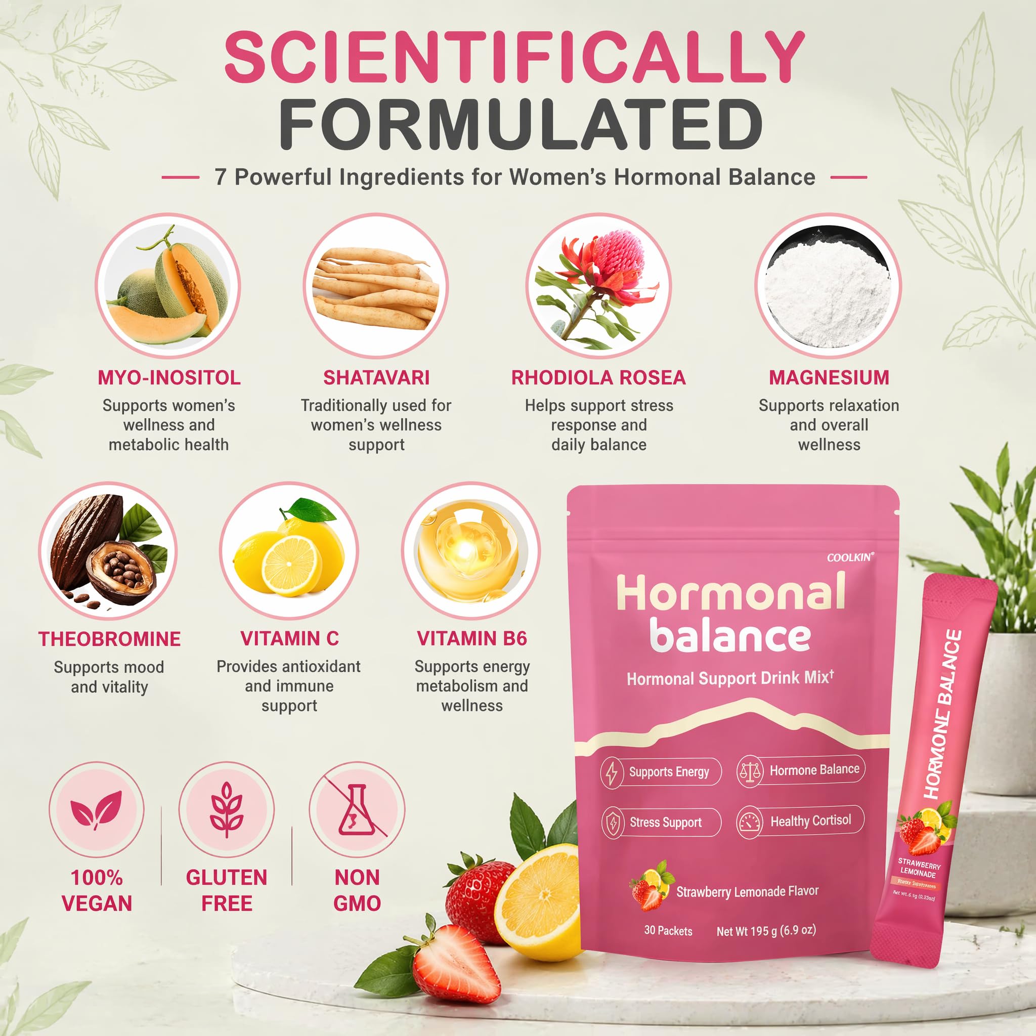 COOLKIN ingredientes clave (myo-inositol, magnesio, Rhodiola) para bienestar
