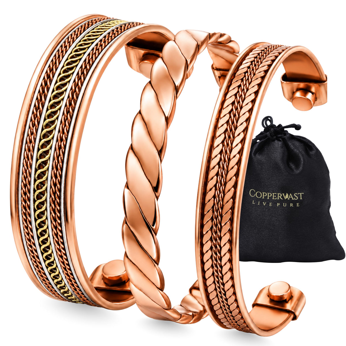 Coppervast pulsera trenzada frontal muestra diseño unisex y acabado elegante