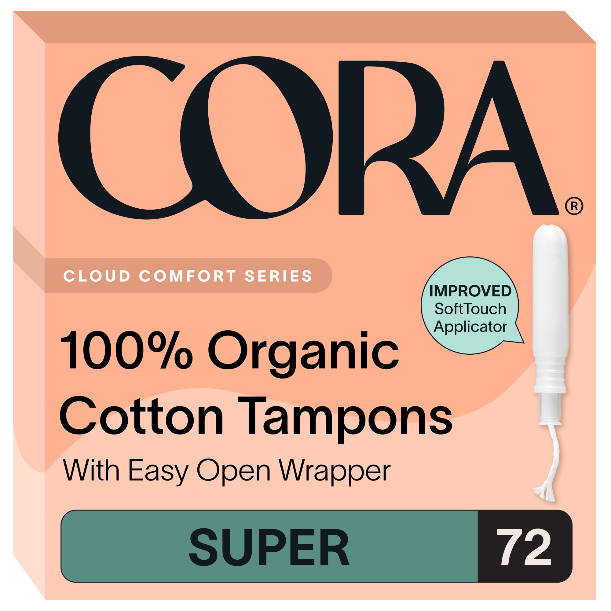 Cora caja frontal con 72 tampones Super mostrando envase práctico