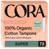 Cora caja frontal con 72 tampones Super mostrando envase práctico