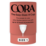 Cora copa frontal y empaque mostrando diseño y sostenibilidad