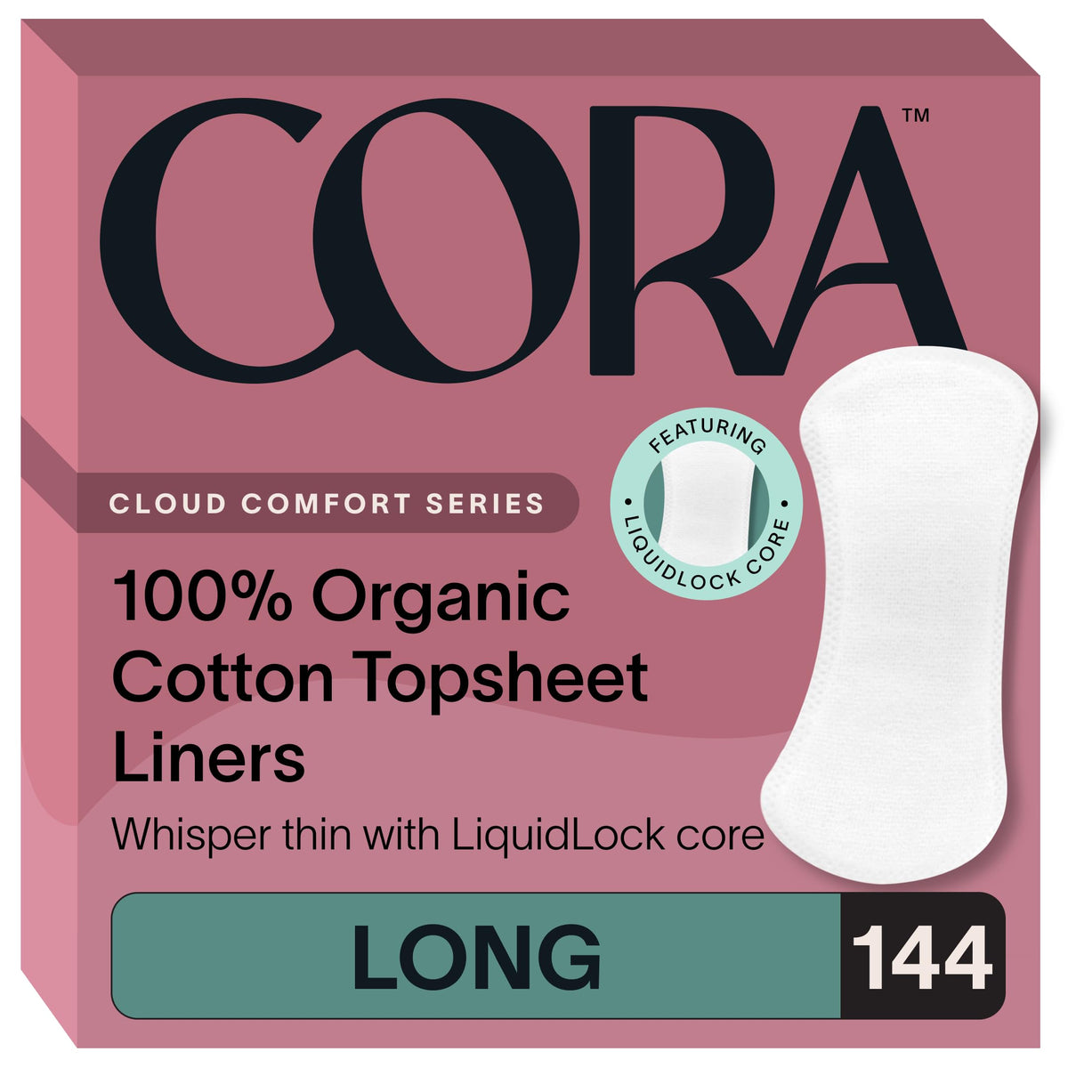 Cora empaque frontal mostrando caja de 144 liners y ventaja de algodón orgánico