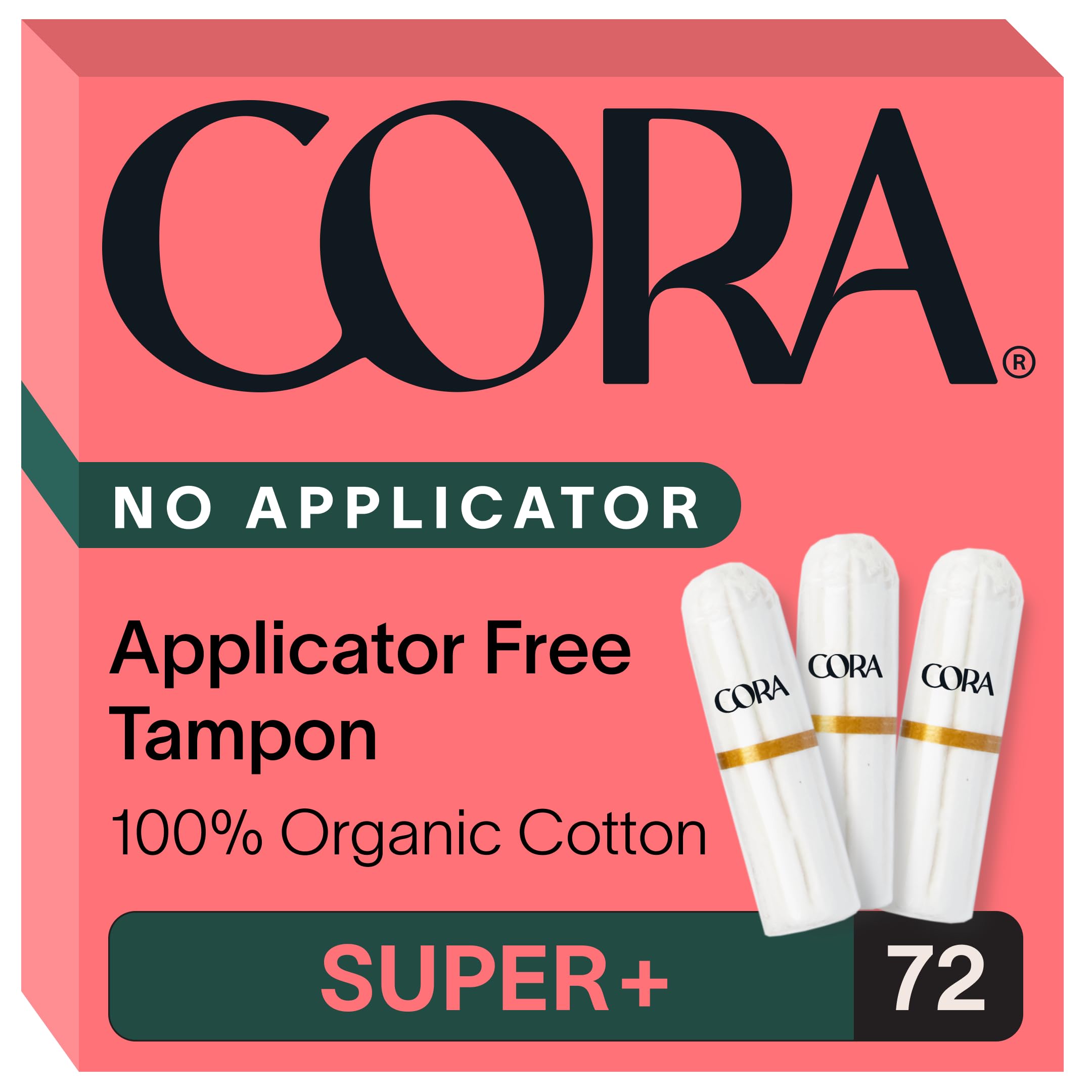 Cora empaque frontal mostrando 72 tampones y ahorro