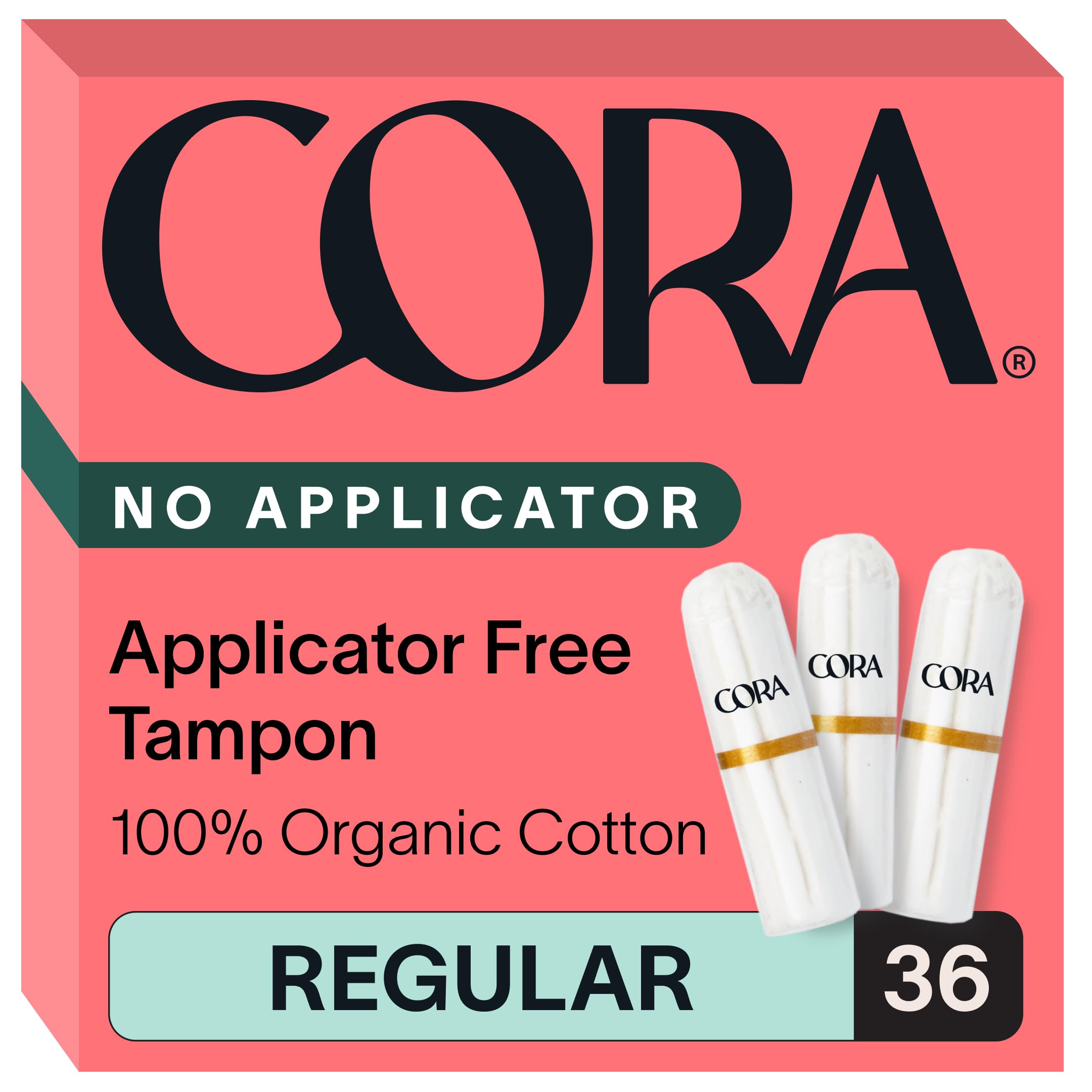 Cora empaque frontal mostrando 36 tampones, opción eco y cómoda