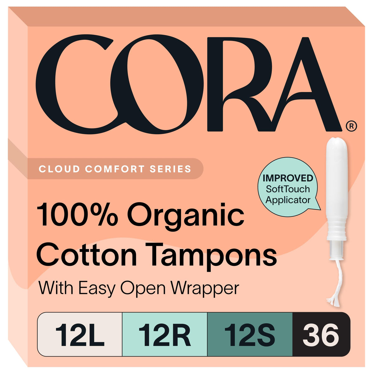 Cora tampón pack frontal mostrando los tres niveles y beneficio de variedad