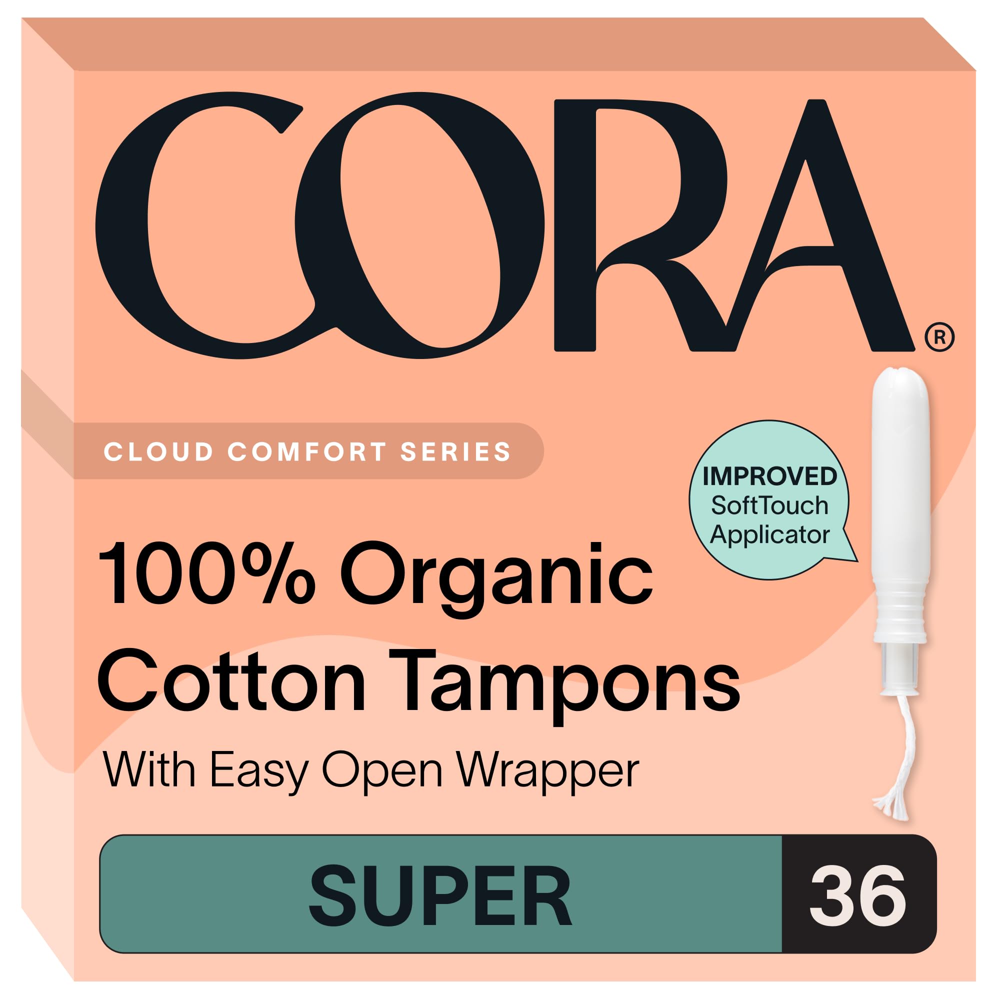 Cora paquete de 36 tampones super vista frontal, protección confiable
