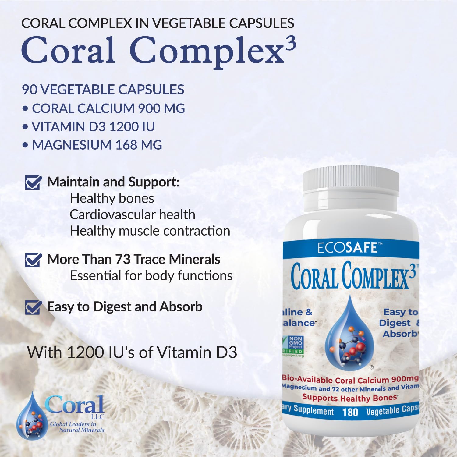 Coral White texto detalle de cápsulas vegetales para fácil digestión