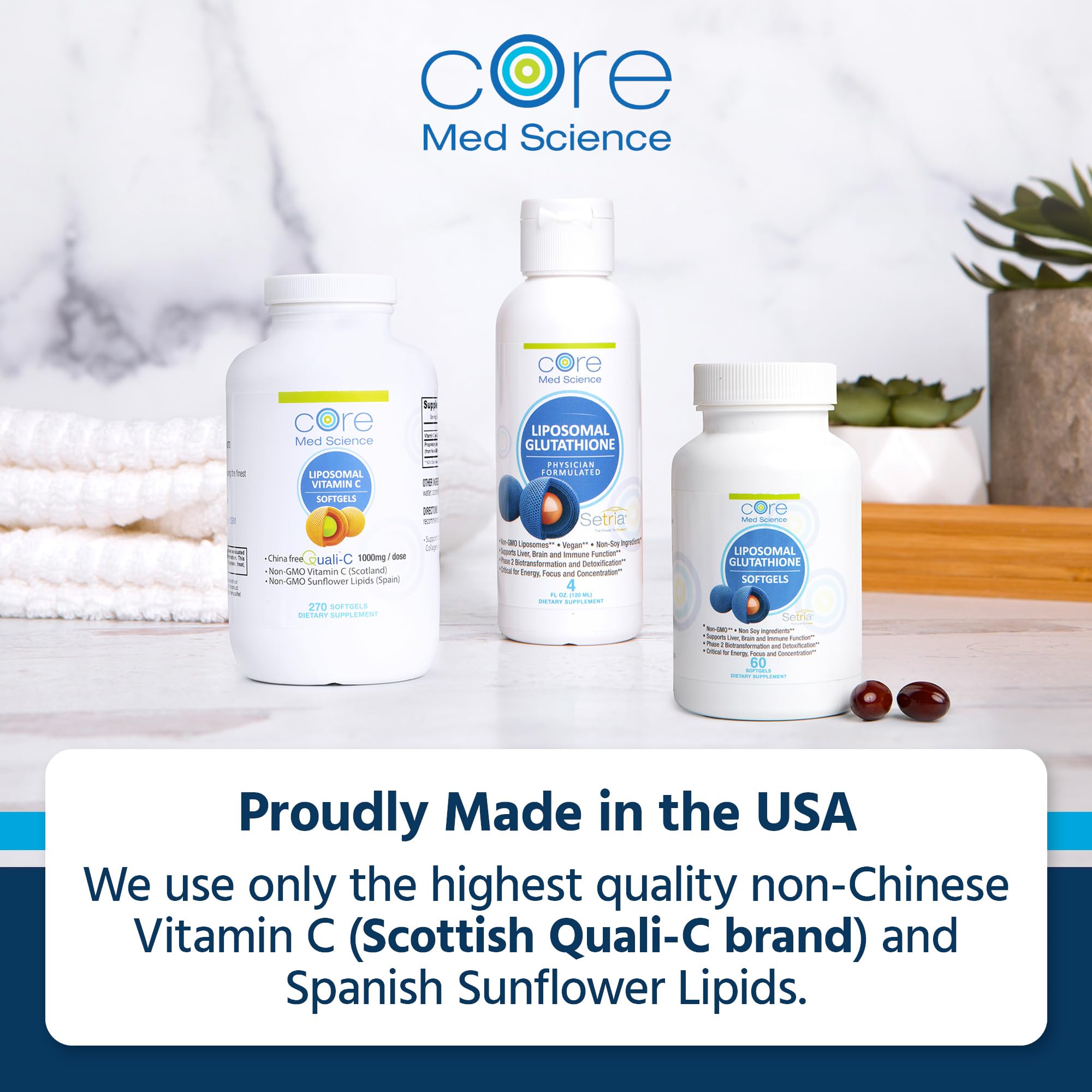 Core Med Science producto en ambiente diario junto a utensilios de salud y bienestar