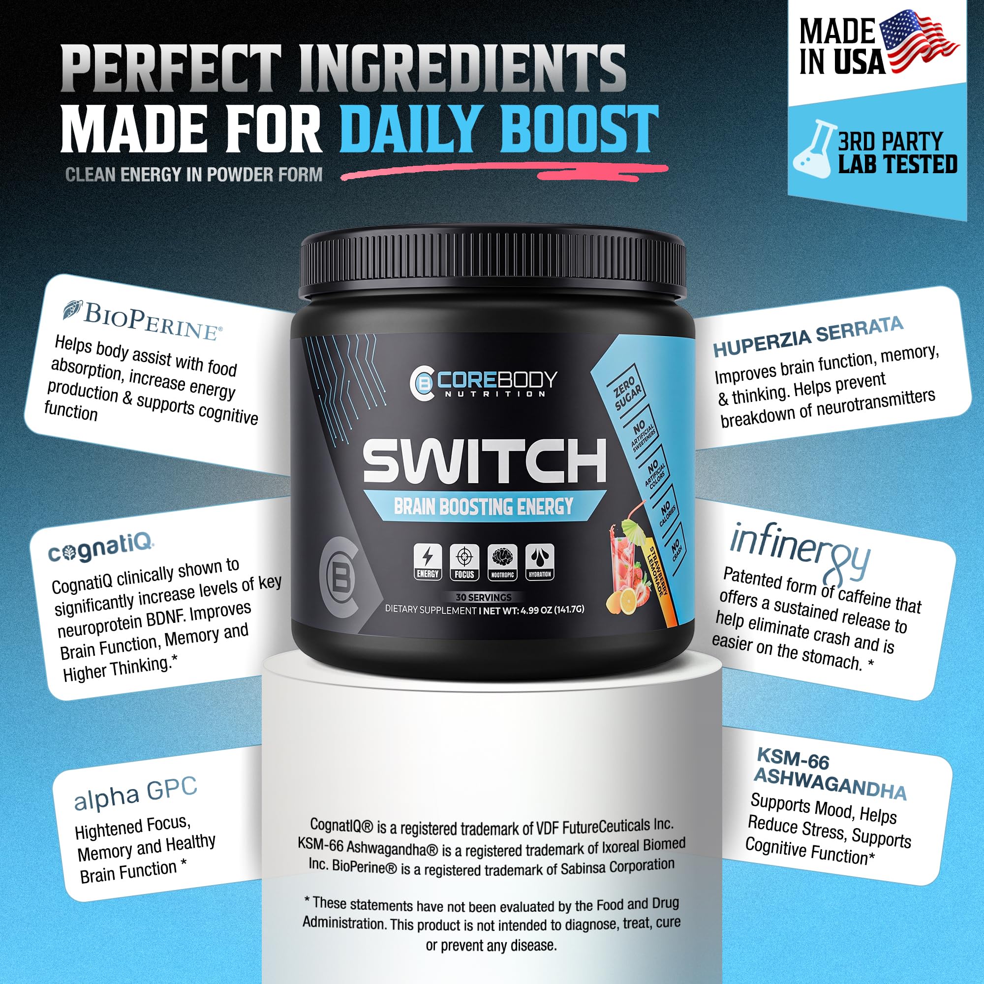 CoreBody Switch cuchara medidora al lado del envase para referencia de dosis
