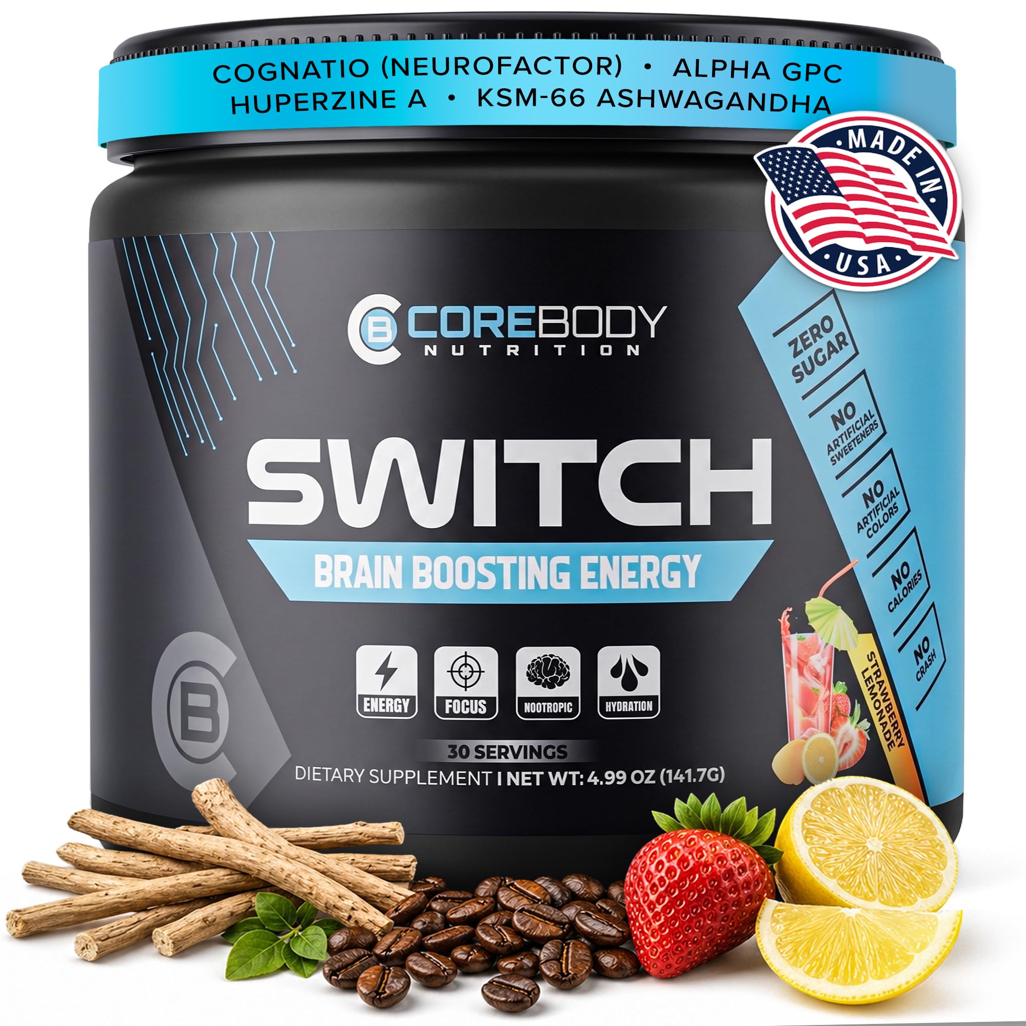 CoreBody Switch frente del envase mostrando diseño y beneficio de enfoque