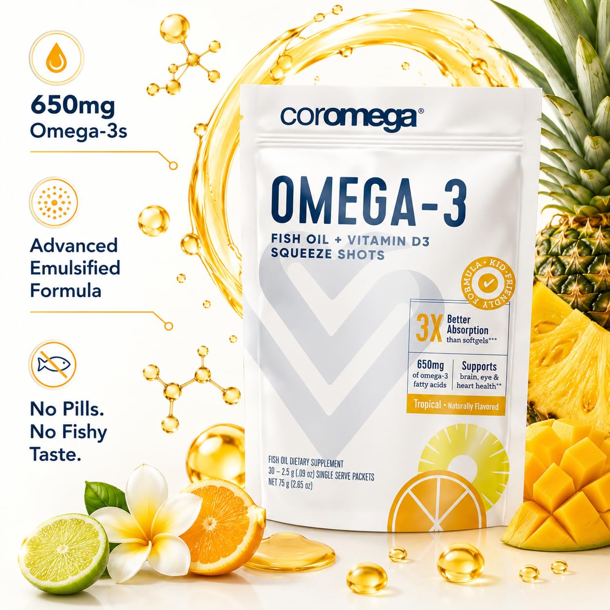 Coromega 30 sobres dispuestos para visual de cantidad y conveniencia