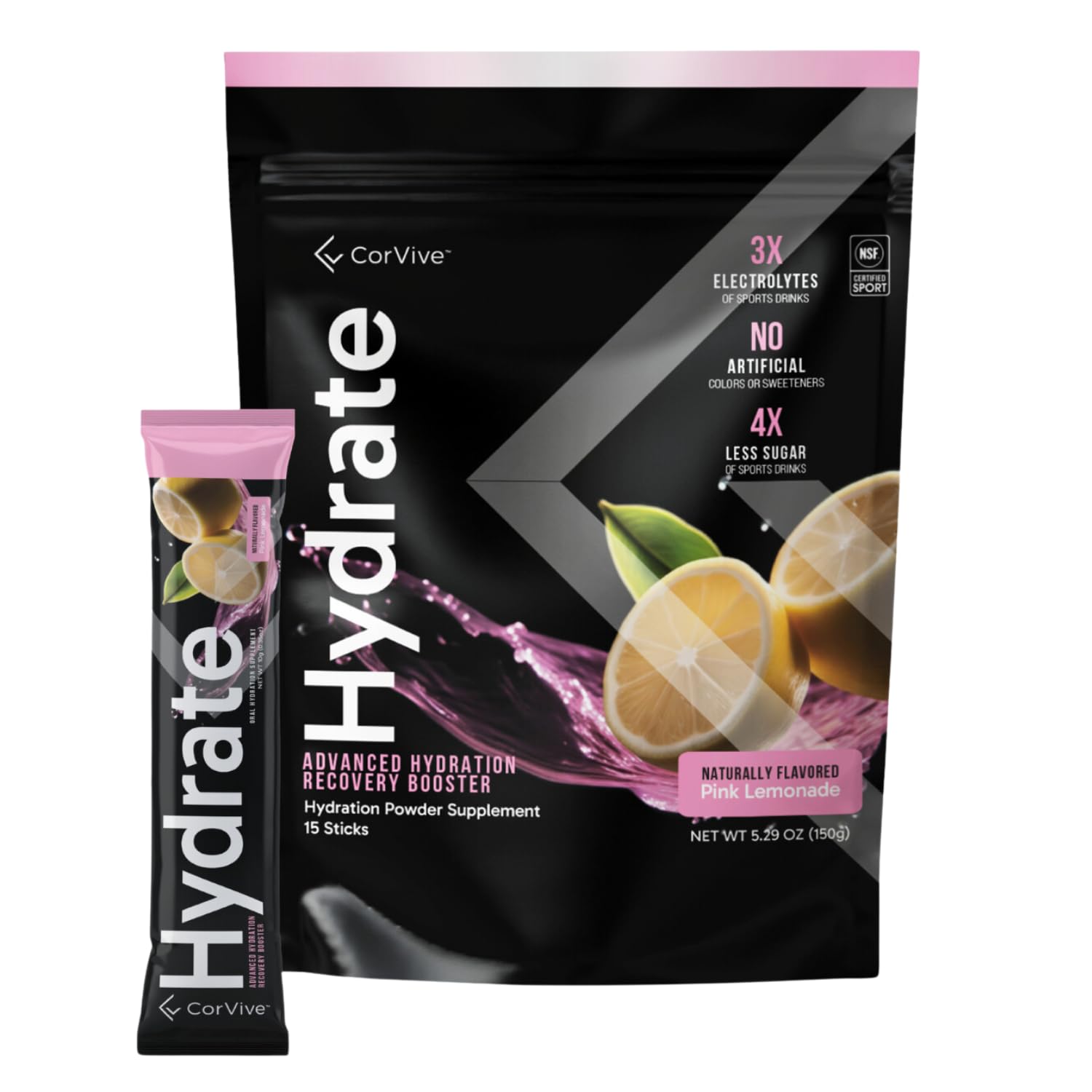 CorVive Hydrate frente del empaque mostrando 15 sobres y beneficios visibles