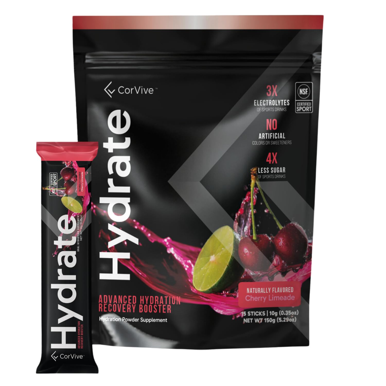 CorVive empaque frontal mostrando sabor cherry limeade y beneficios