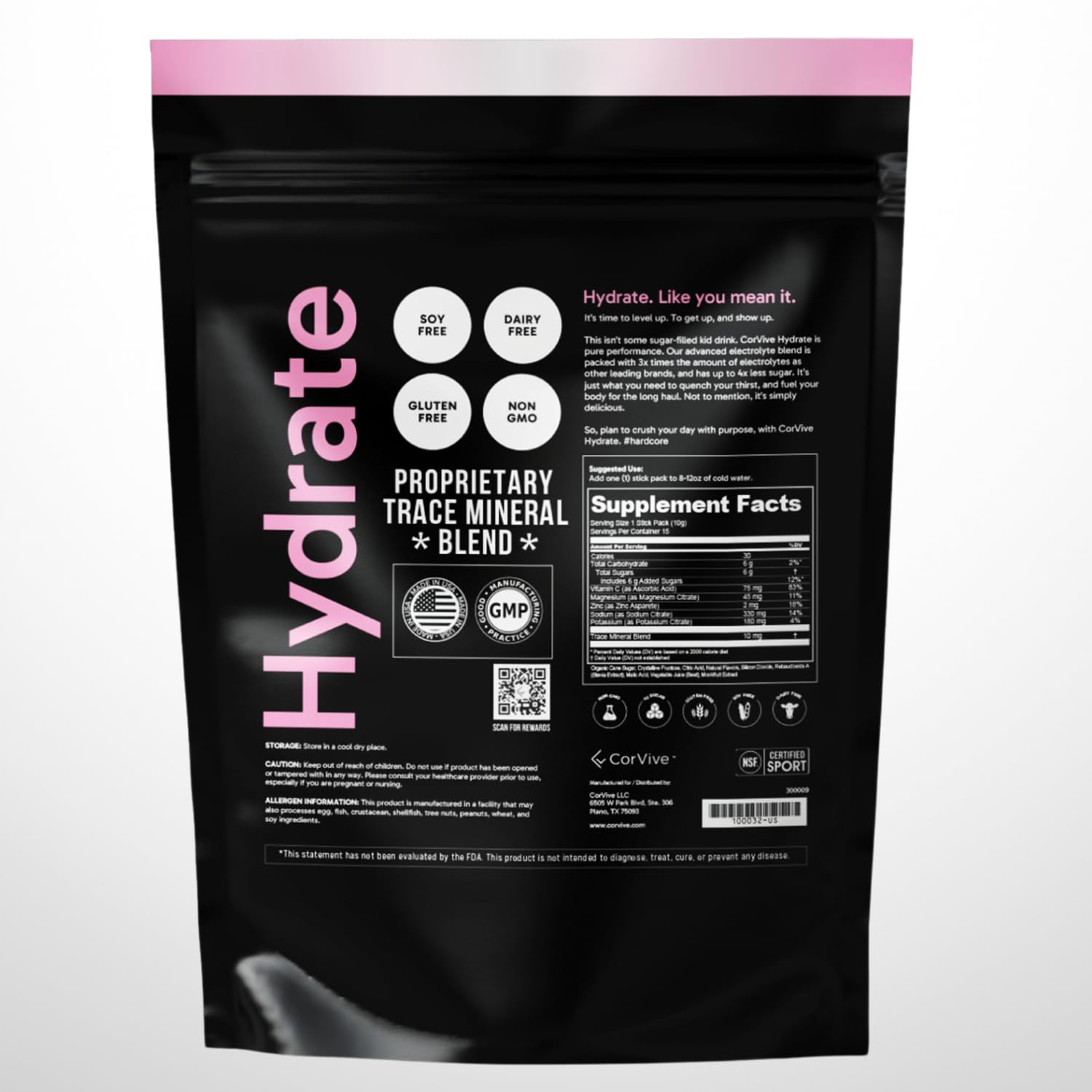 CorVive Hydrate sobre individual abierto listo para mezclar y llevar
