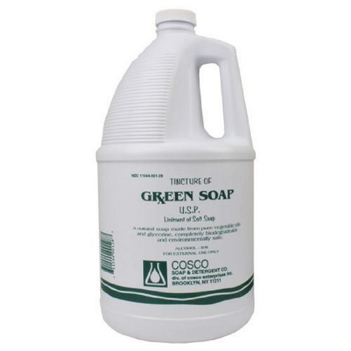 Cosco botella de jabón verde frontal mostrando etiqueta y volumen, limpieza profesional