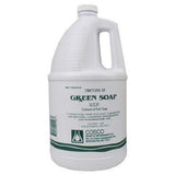 Cosco botella de jabón verde frontal mostrando etiqueta y volumen, limpieza profesional