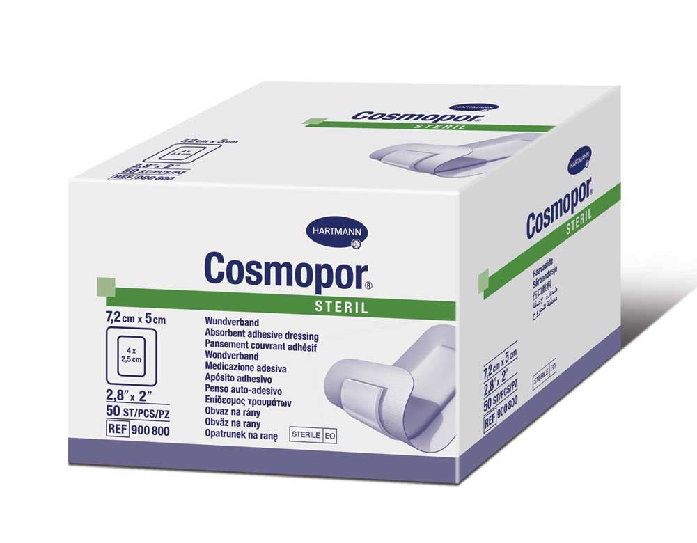 Cosmopor Steril vista frontal del apósito mostrando la adhesión segura y protección
