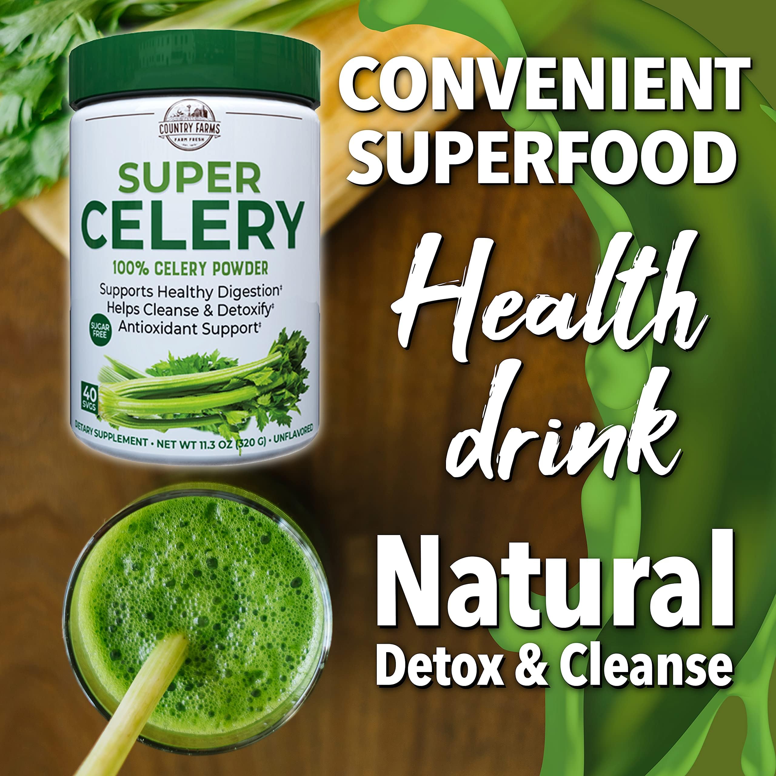 Country Farms vaso preparado con Super Celery como bebida refrescante y nutritiva
